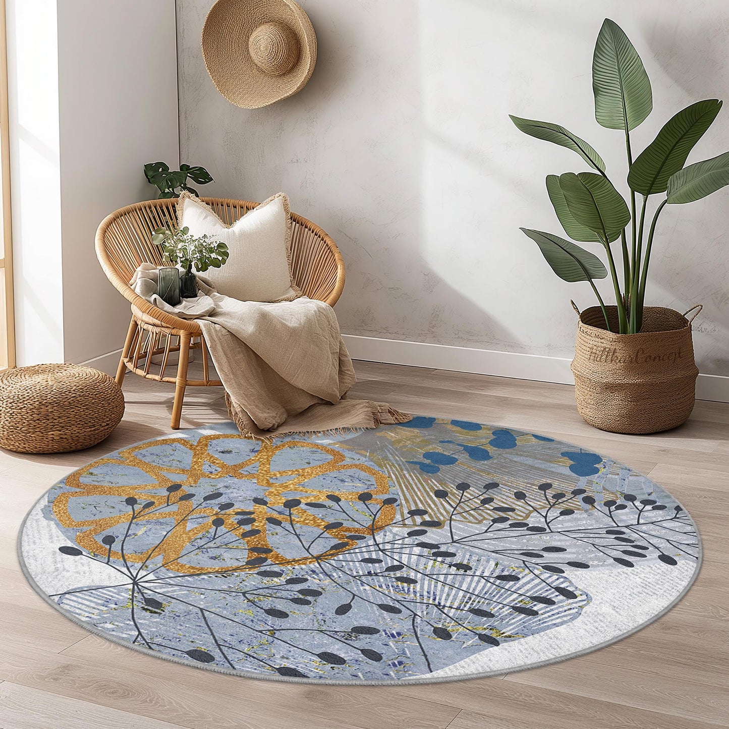 Floral Round Area Rug, Elegant Round Carpet for Living Room, Modern Botanical Design, Soft Round Rug for Home Decor