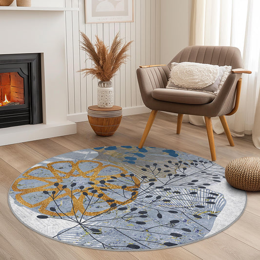 Floral Round Area Rug, Elegant Round Carpet for Living Room, Modern Botanical Design, Soft Round Rug for Home Decor