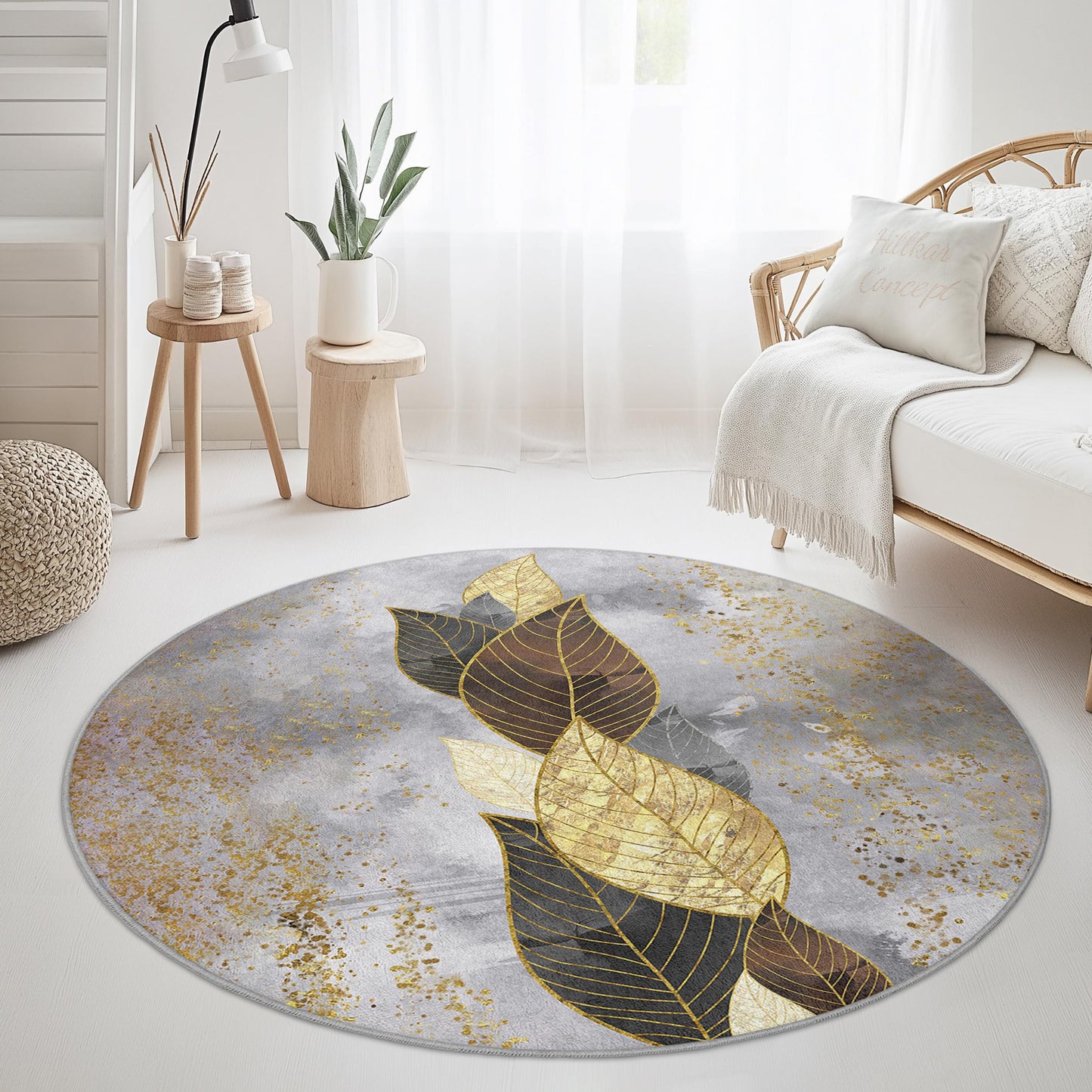 Elegant Gold Leaf Round Area Rug, Modern Round Carpet, Leaf Design Rug for Living Room, Cozy Round Home Decor, Luxury Round Rug