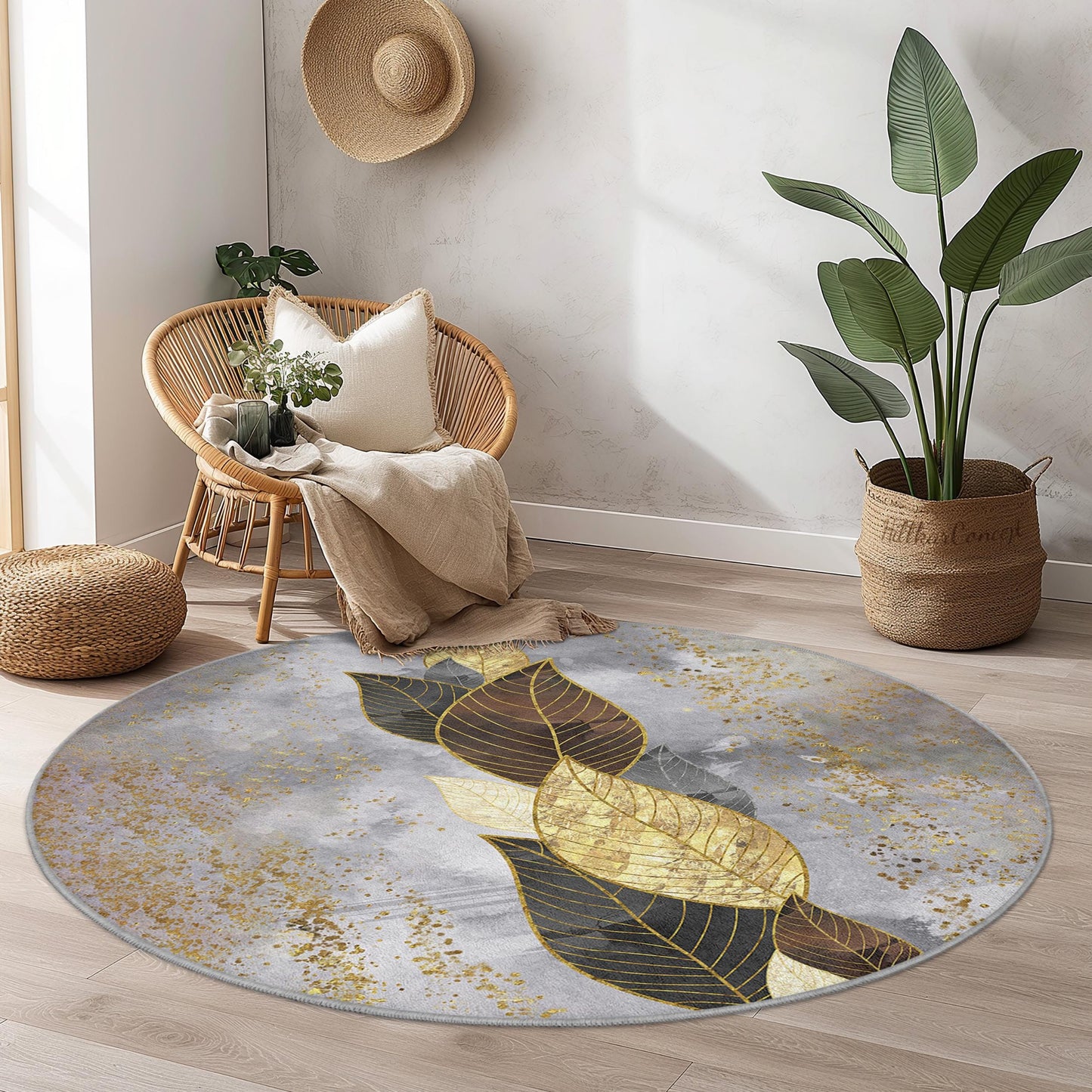 Elegant Gold Leaf Round Area Rug, Modern Round Carpet, Leaf Design Rug for Living Room, Cozy Round Home Decor, Luxury Round Rug