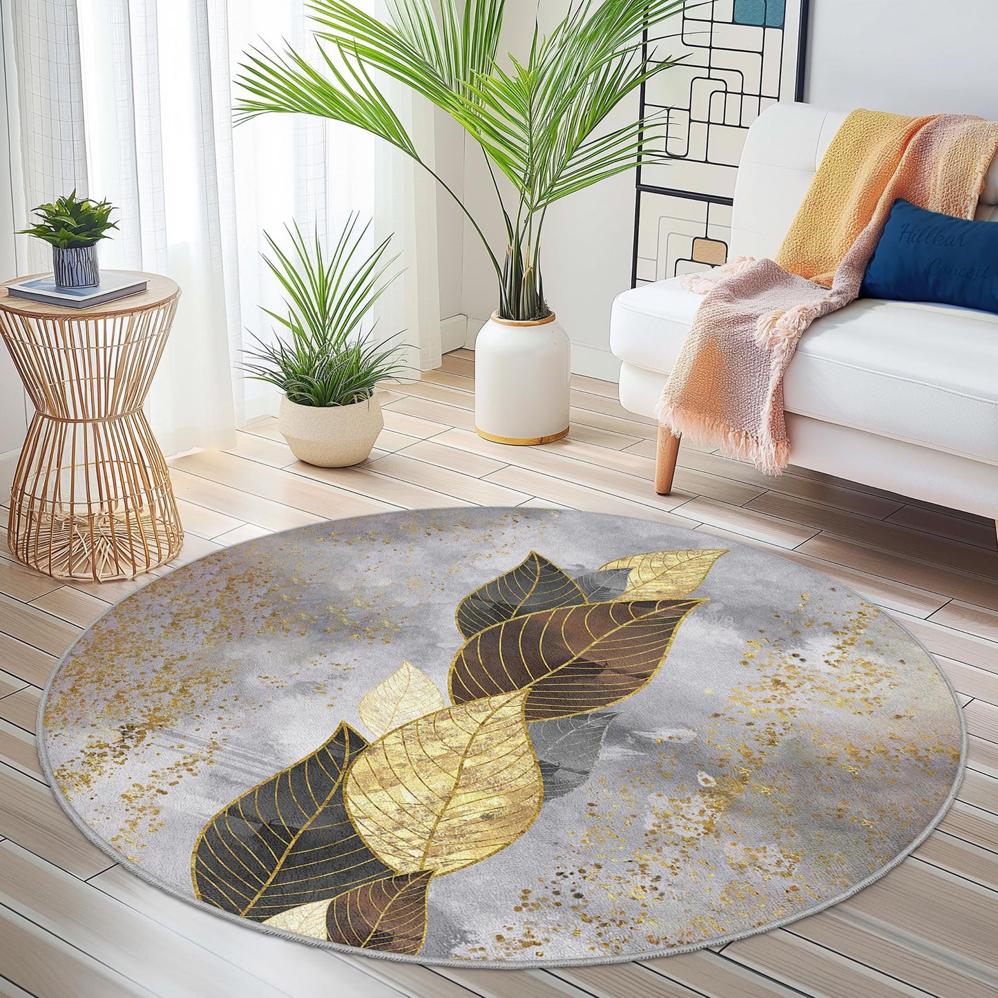 Elegant Gold Leaf Round Area Rug, Modern Round Carpet, Leaf Design Rug for Living Room, Cozy Round Home Decor, Luxury Round Rug