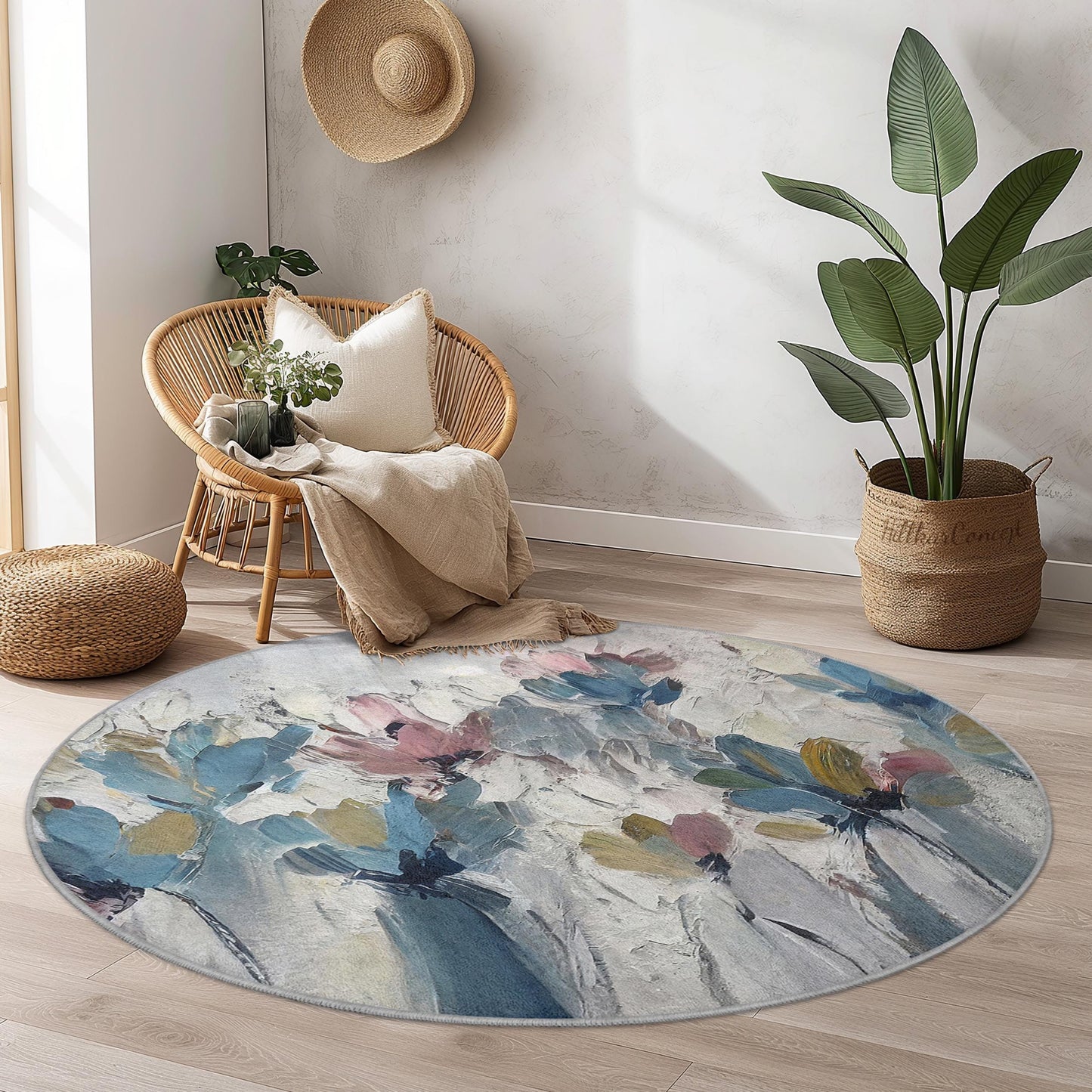 Floral Bliss Round Area Rug, Elegant Flower Design Carpet, Soft Round Rug for Living Room, Bedroom, and Nursery Decor