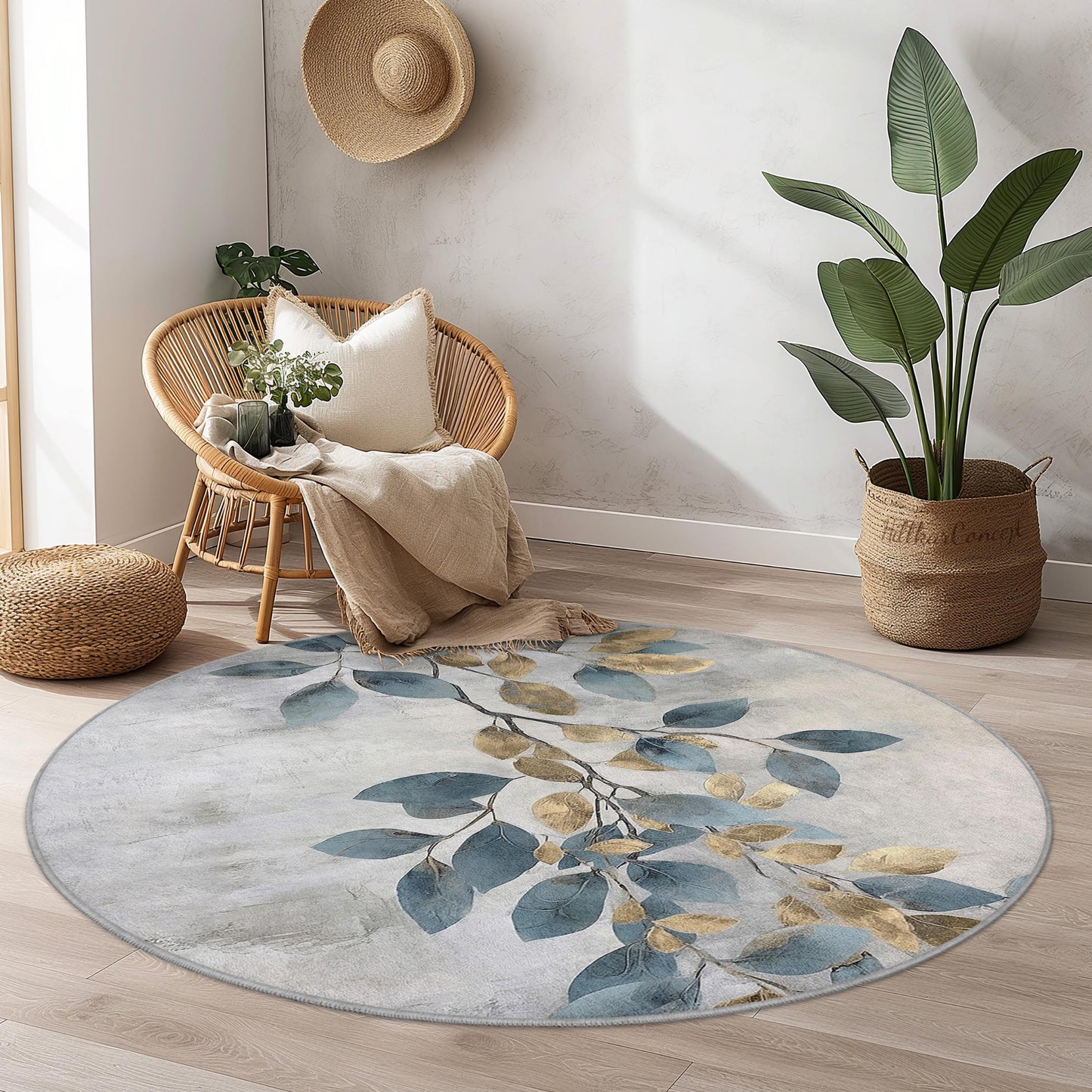 Elegant Round Leaf Pattern Area Rug, Floral Round Carpet, Soft Living Room Rug, Modern Home Decor, Nature Inspired Round Rug