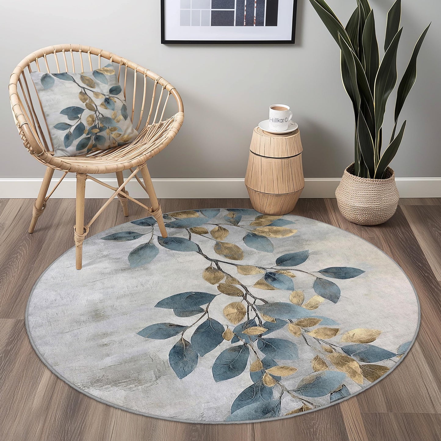 Elegant Round Leaf Pattern Area Rug, Floral Round Carpet, Soft Living Room Rug, Modern Home Decor, Nature Inspired Round Rug