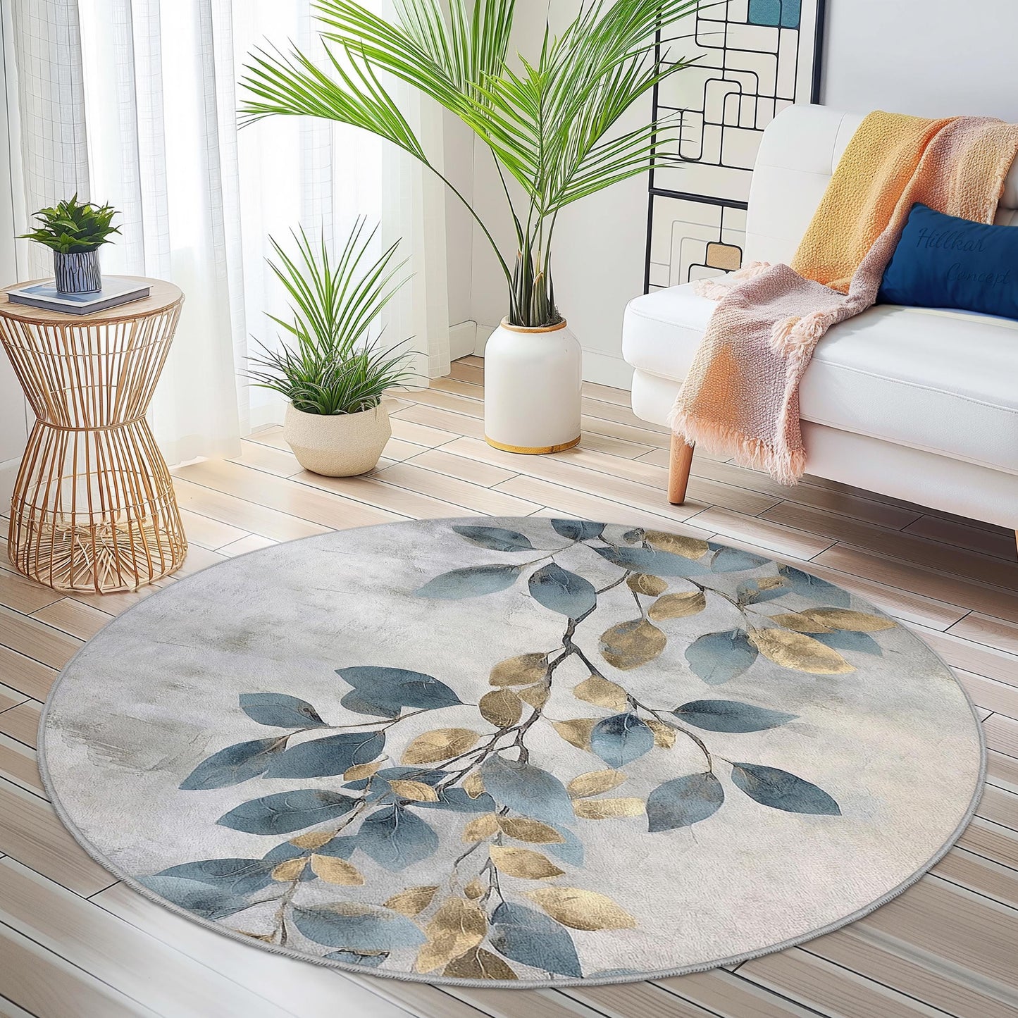 Elegant Round Leaf Pattern Area Rug, Floral Round Carpet, Soft Living Room Rug, Modern Home Decor, Nature Inspired Round Rug
