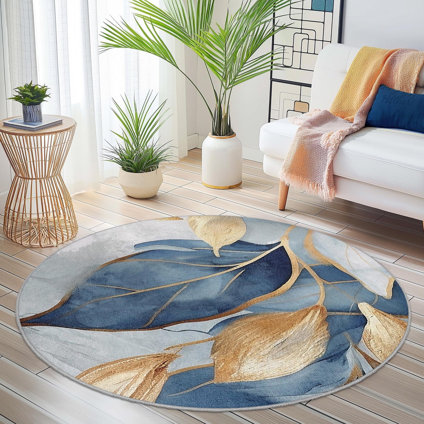 Elegant Blue and Gold Leaf Round Area Rug, Modern Floral Round Carpet, Chic Home Decor, Living Room Rug, Bedroom Area Rug