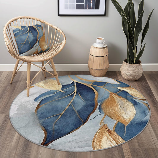 Elegant Blue and Gold Leaf Round Area Rug, Modern Floral Round Carpet, Chic Home Decor, Living Room Rug, Bedroom Area Rug