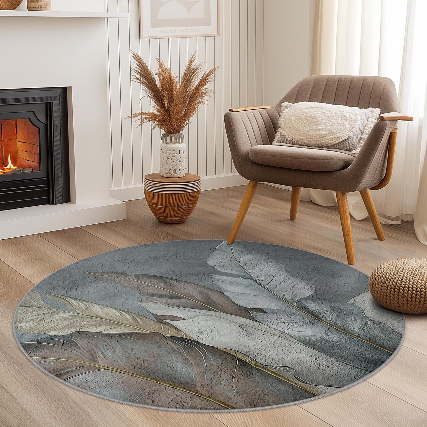 Elegant Round Leaf Design Area Rug, Modern Round Carpet, Botanical Decor for Home, Soft Round Rug for Living Room, Chic Round Mat