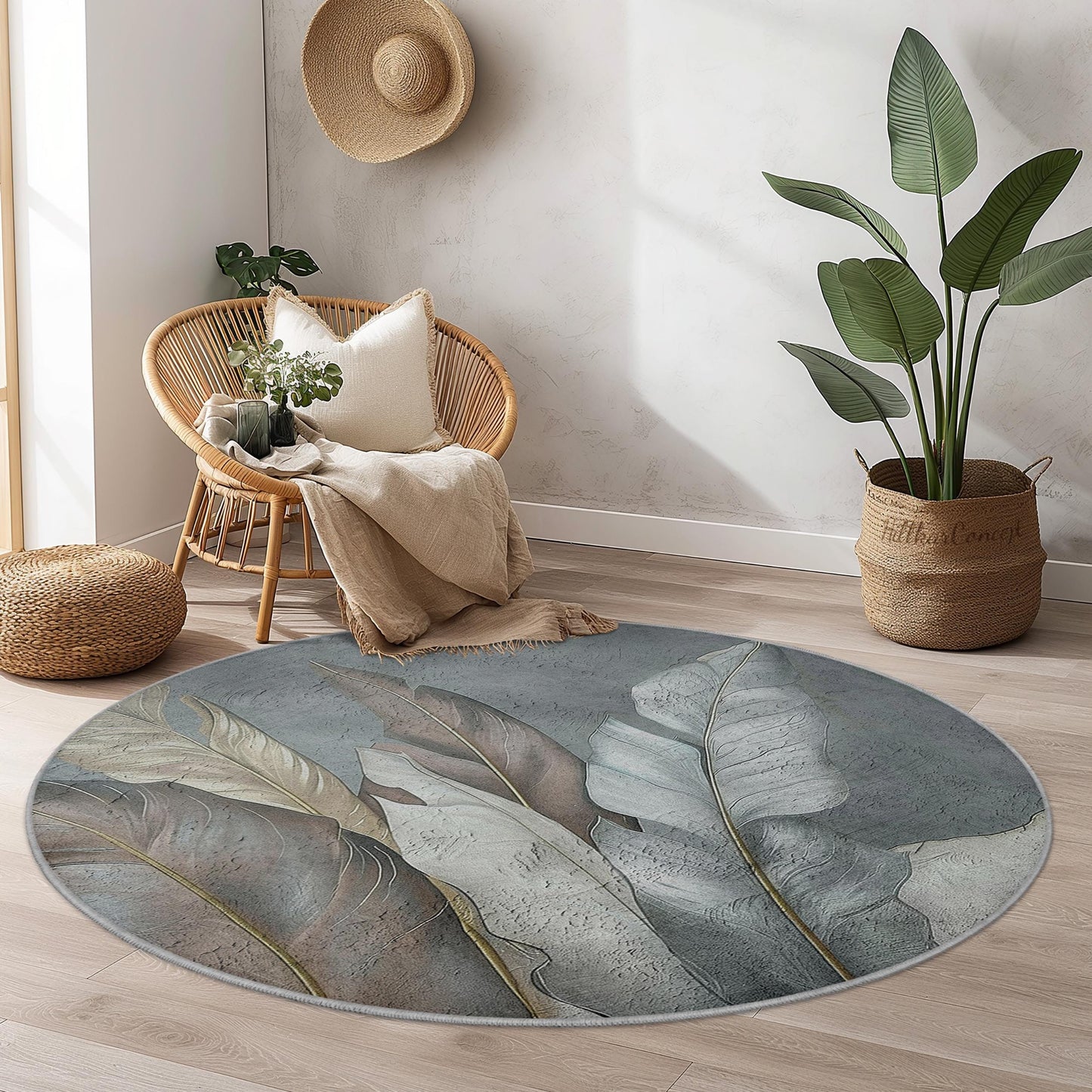 Elegant Round Leaf Design Area Rug, Modern Round Carpet, Botanical Decor for Home, Soft Round Rug for Living Room, Chic Round Mat