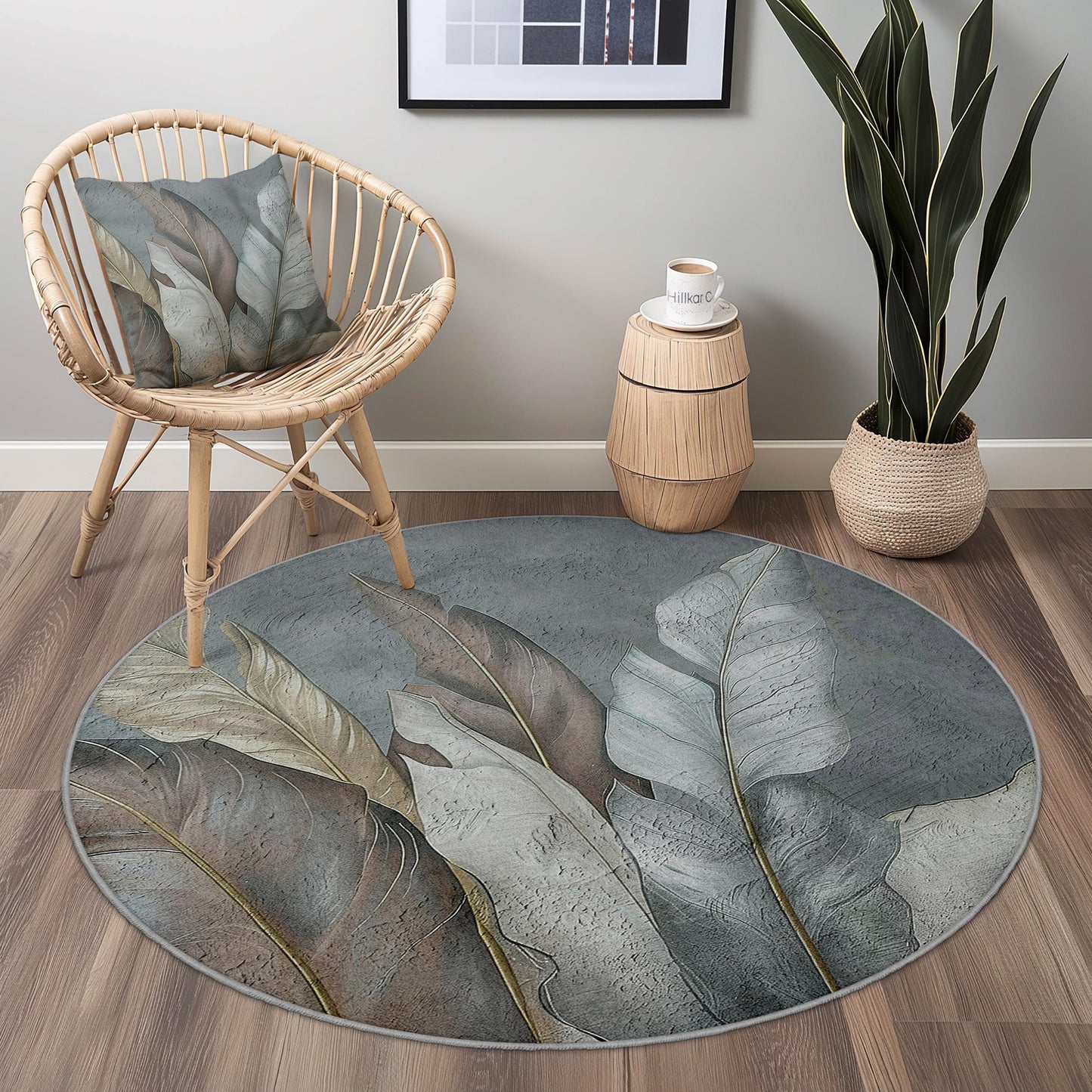 Elegant Round Leaf Design Area Rug, Modern Round Carpet, Botanical Decor for Home, Soft Round Rug for Living Room, Chic Round Mat