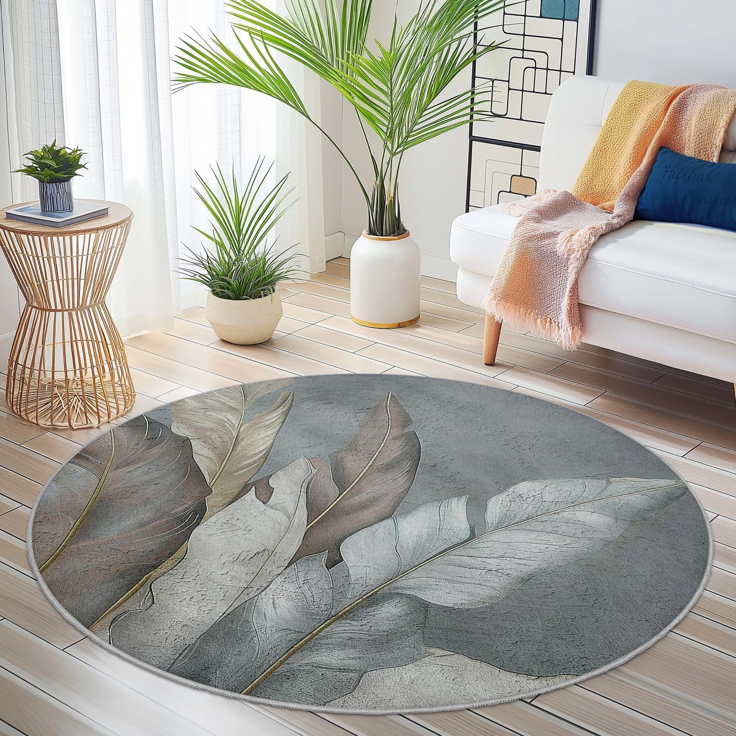 Elegant Round Leaf Design Area Rug, Modern Round Carpet, Botanical Decor for Home, Soft Round Rug for Living Room, Chic Round Mat