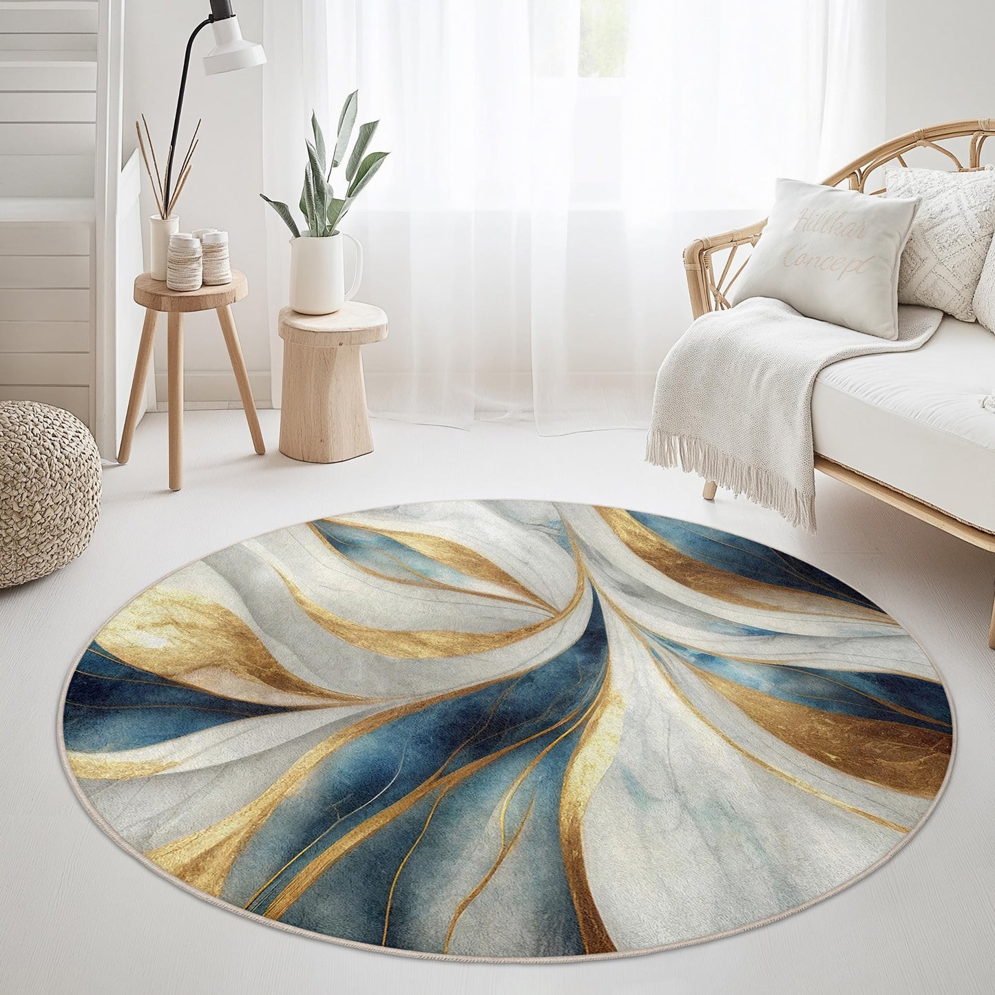 Elegant Blue and Gold Round Area Rug, Abstract Floral Round Carpet, Modern Living Room Decor, Chic Round Rug for Home