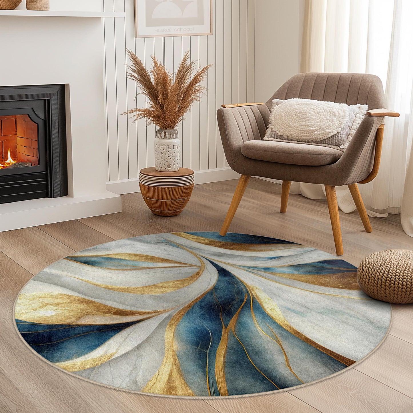 Elegant Blue and Gold Round Area Rug, Abstract Floral Round Carpet, Modern Living Room Decor, Chic Round Rug for Home
