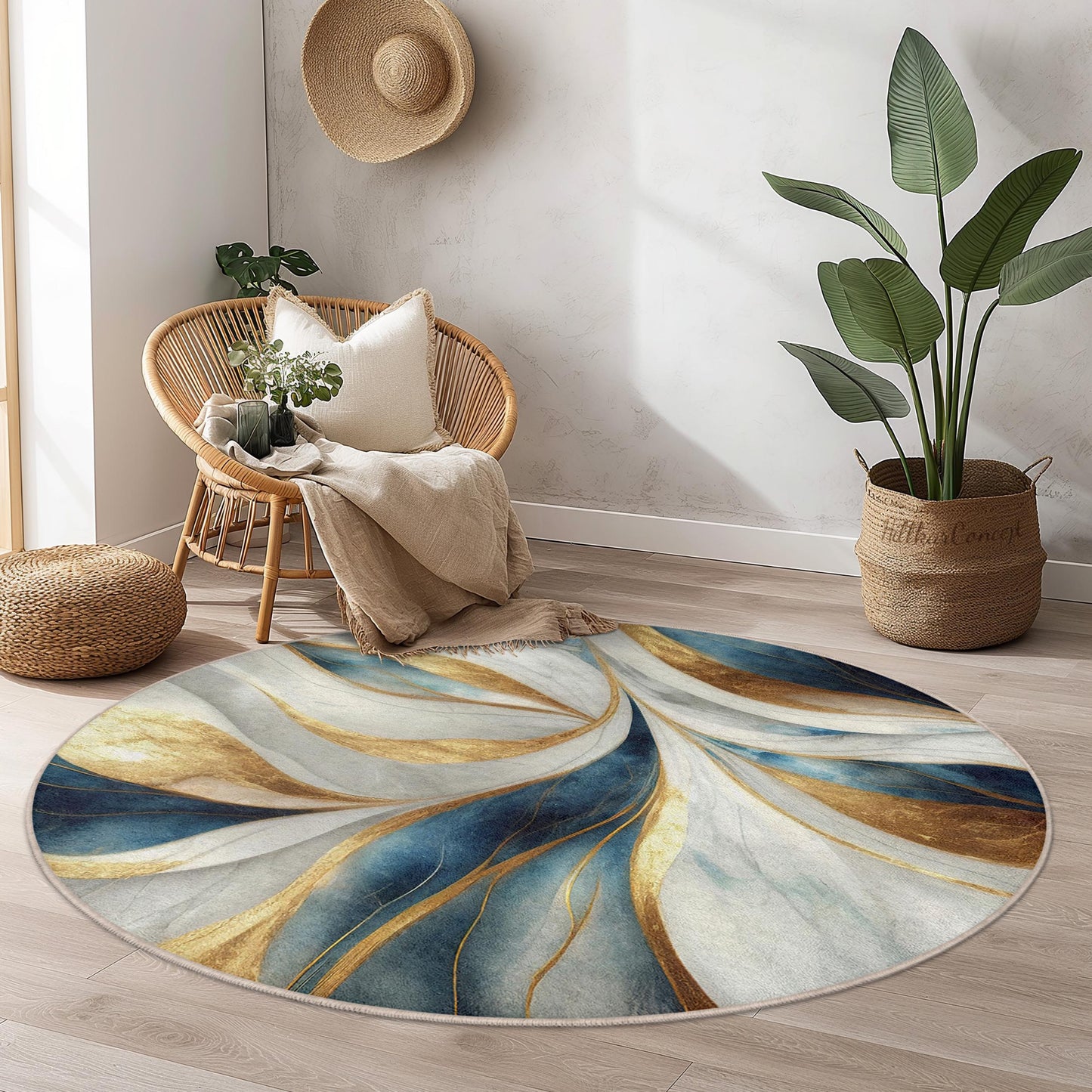 Elegant Blue and Gold Round Area Rug, Abstract Floral Round Carpet, Modern Living Room Decor, Chic Round Rug for Home