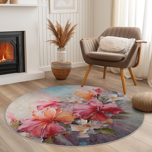 Vibrant Floral Round Area Rug, Colorful Flower Rug for Living Room, Round Carpet for Bedroom, Decorative Floral Rug, Cozy Home Decor