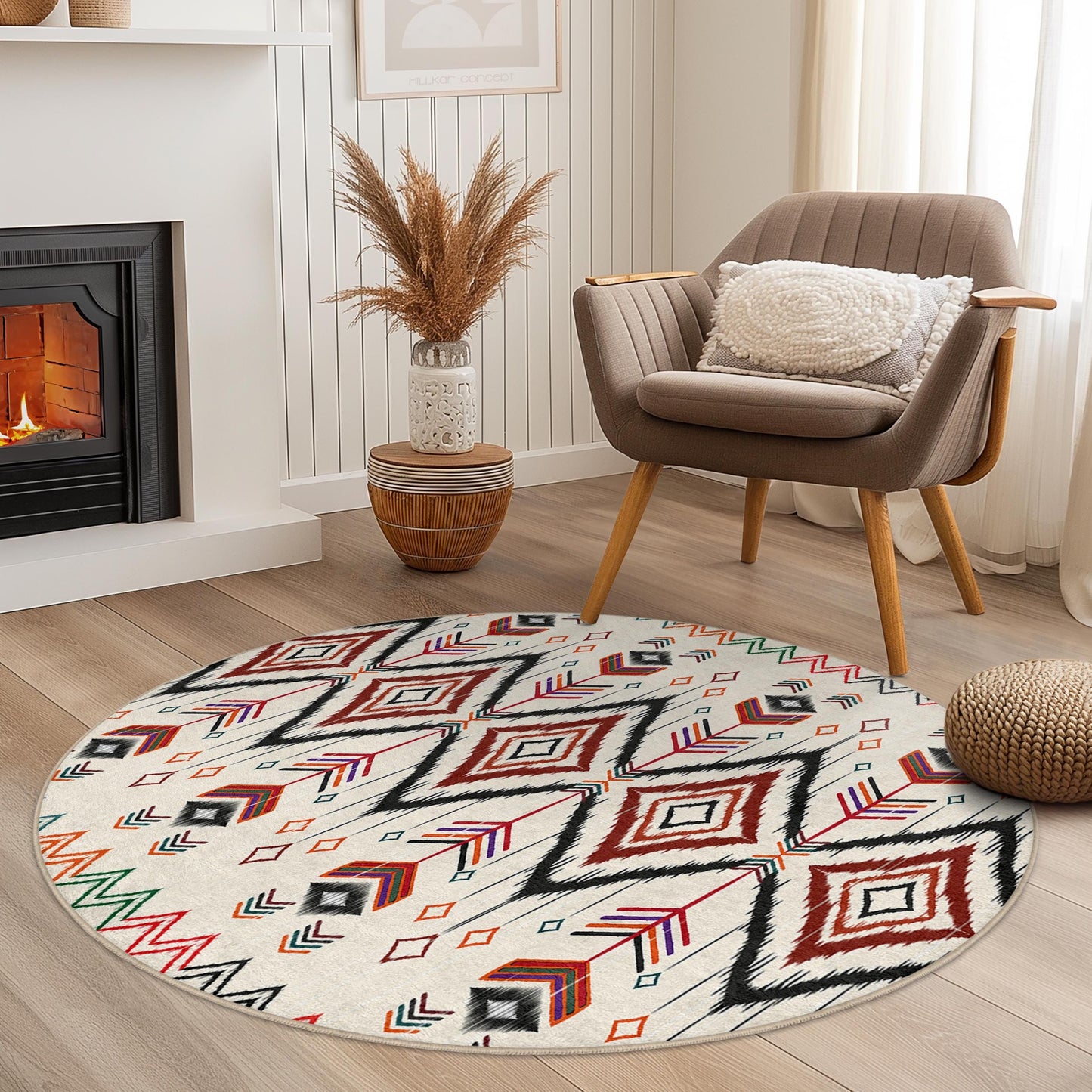 Geometric Arrow Pattern Round Area Rug, Bohemian Circle Rug, Stylish Home Decor, Unique Living Room Carpet, Soft Floor Mat