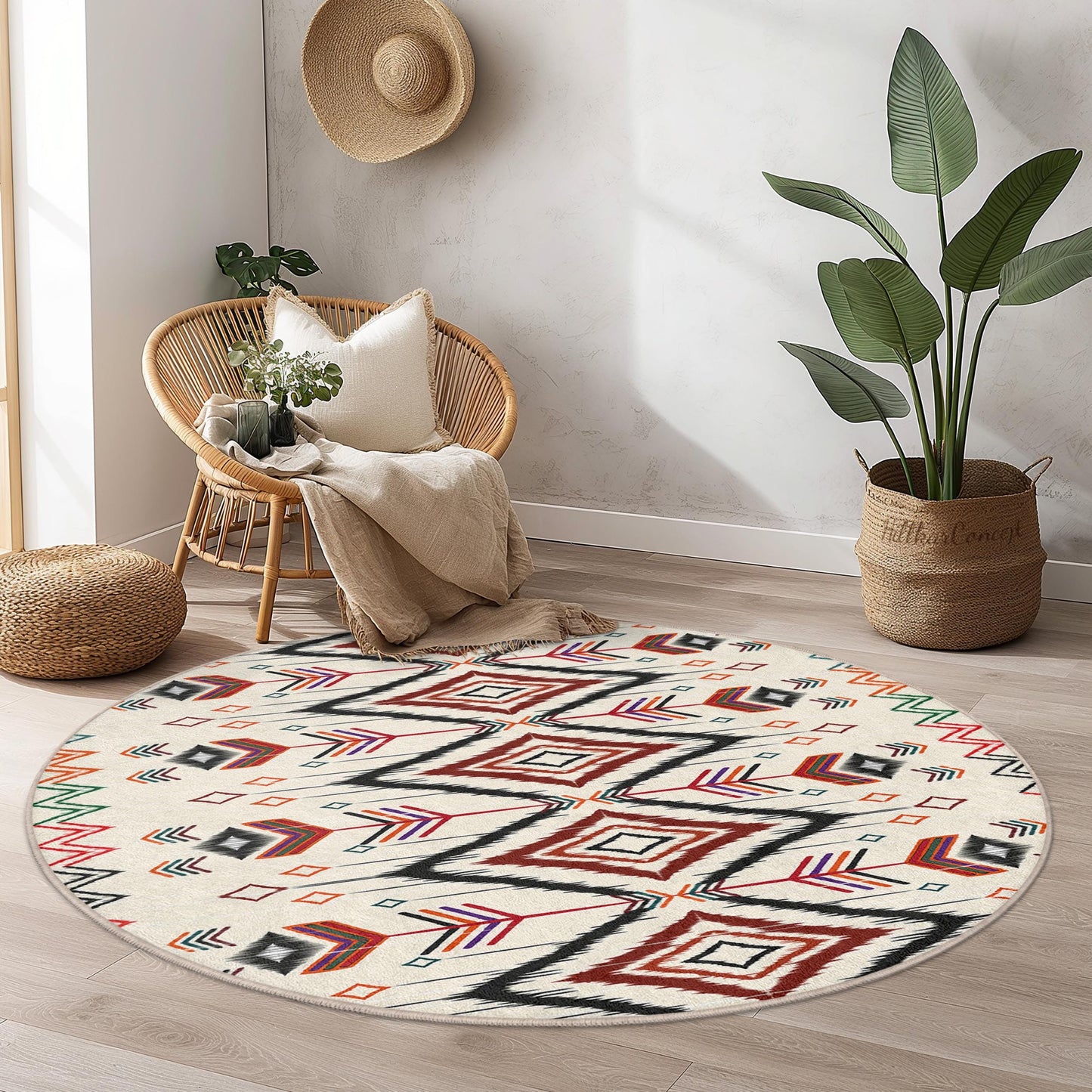 Geometric Arrow Pattern Round Area Rug, Bohemian Circle Rug, Stylish Home Decor, Unique Living Room Carpet, Soft Floor Mat
