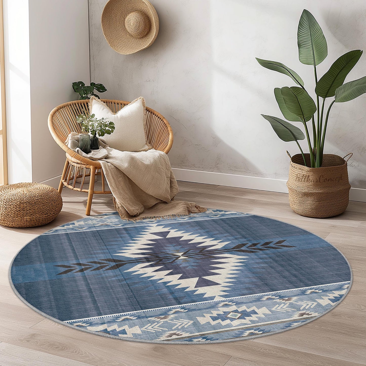 Geometric Blue Round Area Rug, Southwestern Style Carpet, Decorative Round Rug for Living Room, Boho Chic Home Decor