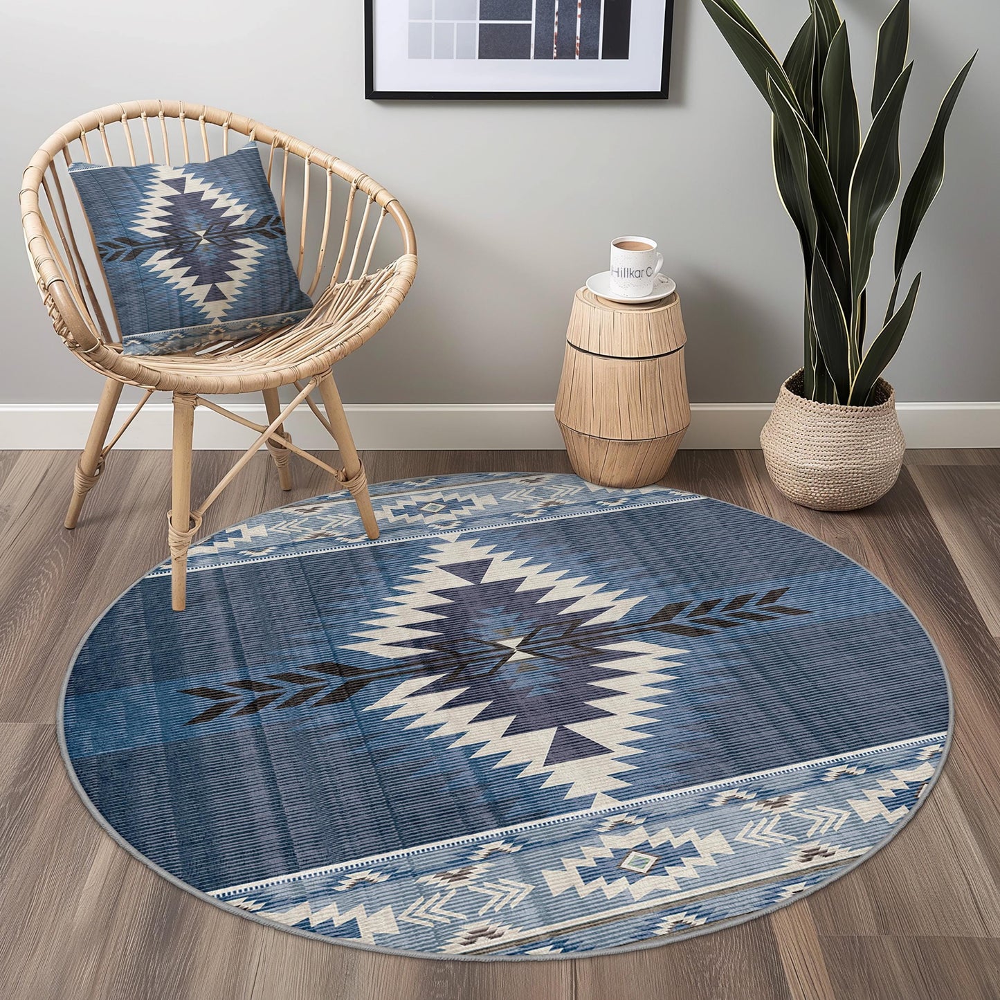 Geometric Blue Round Area Rug, Southwestern Style Carpet, Decorative Round Rug for Living Room, Boho Chic Home Decor
