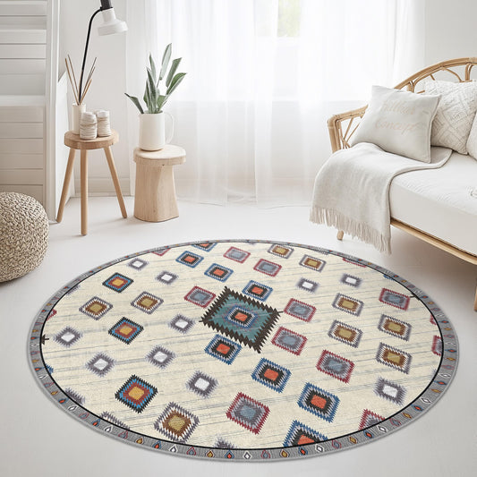 Geometric Pattern Round Area Rug, Colorful Bohemian Circle Carpet, Unique Home Decor, Living Room Rug, Soft Floor Mat