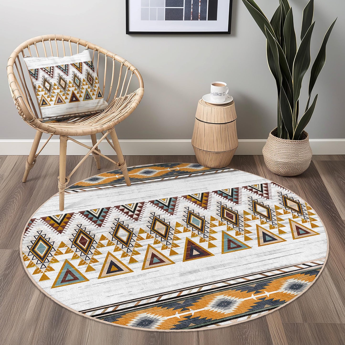 Geometric Pattern Round Area Rug, Boho Style Round Rug, Living Room Decor, Soft Circular Carpet, Tribal Design Rug for Kids