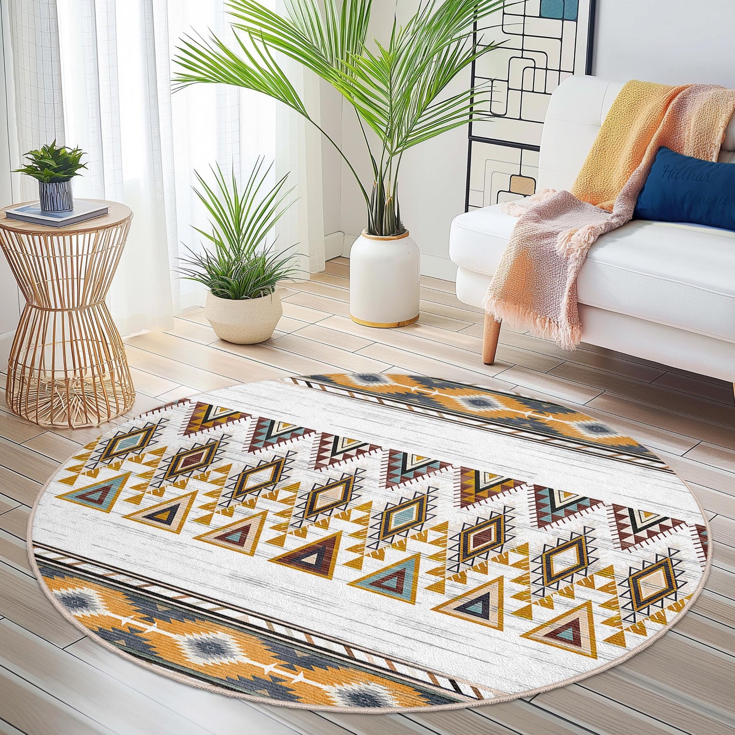 Geometric Pattern Round Area Rug, Boho Style Round Rug, Living Room Decor, Soft Circular Carpet, Tribal Design Rug for Kids