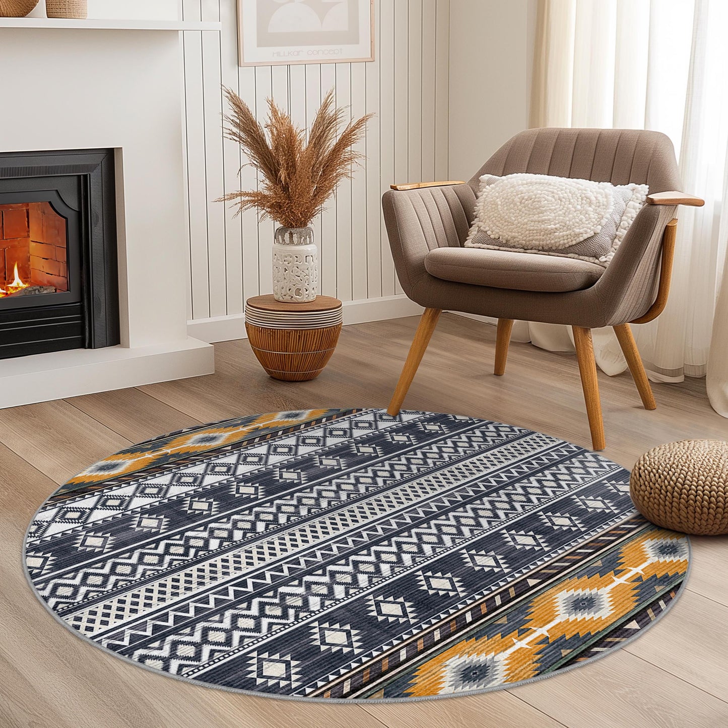 Geometric Pattern Round Area Rug, Modern Bohemian Circle Carpet, Soft Living Room Decor, Stylish Home Accent, Unique Round Rug