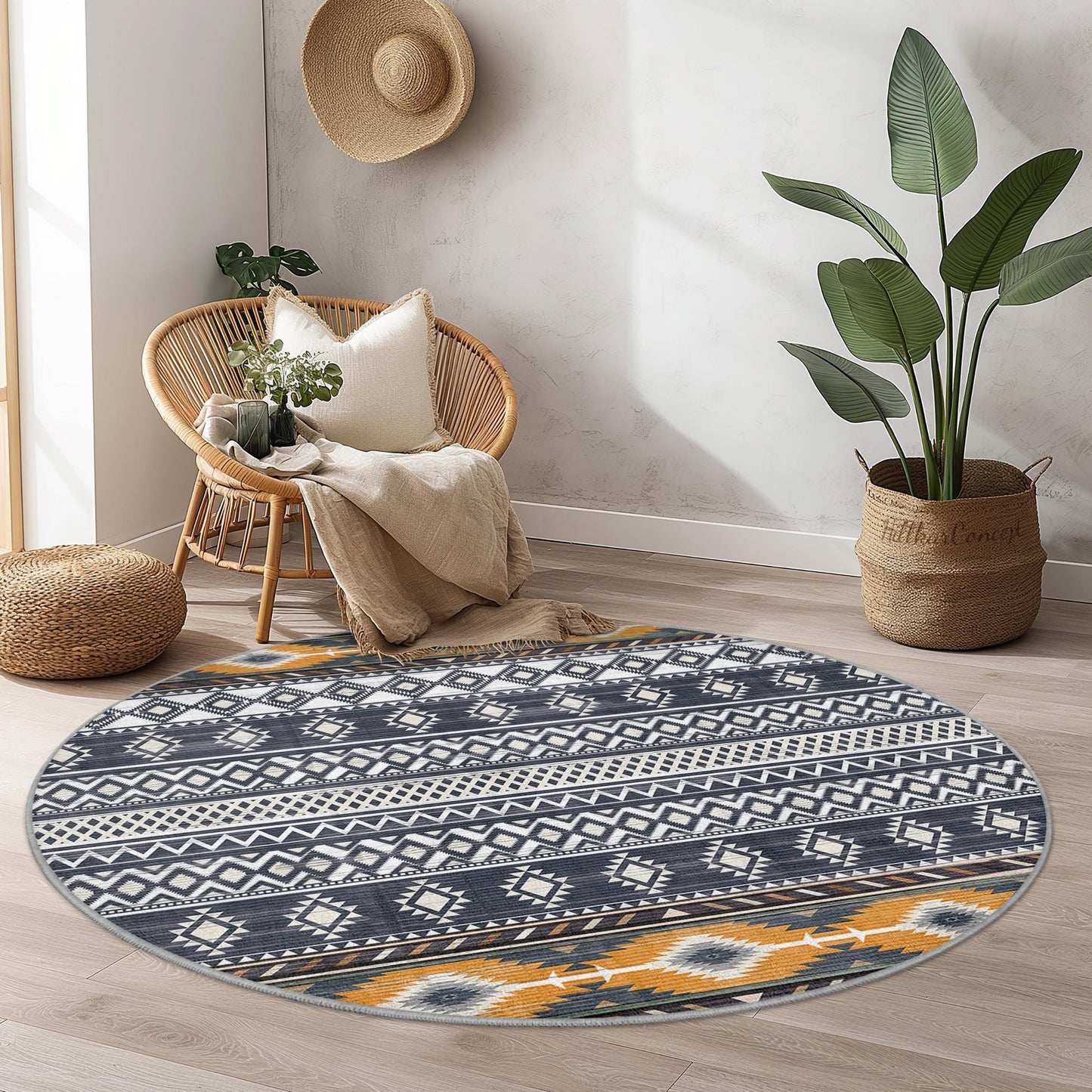 Geometric Pattern Round Area Rug, Modern Bohemian Circle Carpet, Soft Living Room Decor, Stylish Home Accent, Unique Round Rug