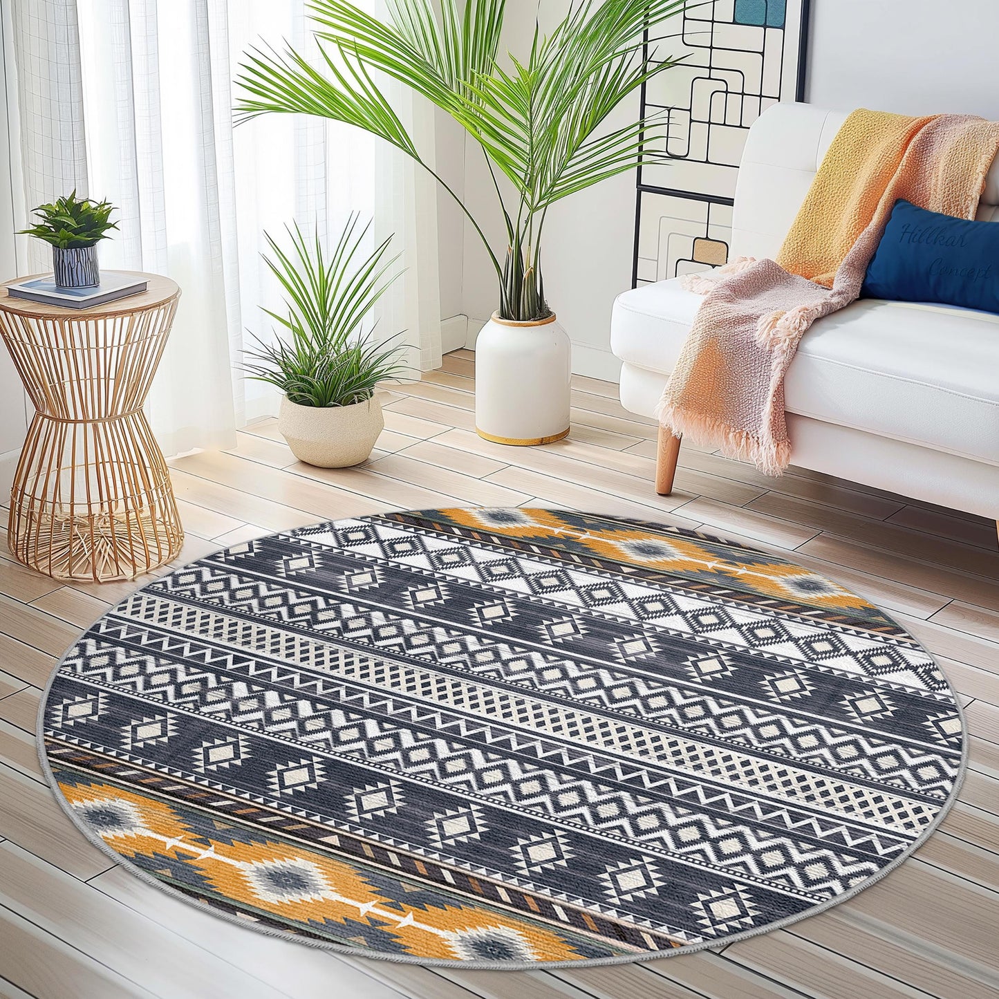 Geometric Pattern Round Area Rug, Modern Bohemian Circle Carpet, Soft Living Room Decor, Stylish Home Accent, Unique Round Rug