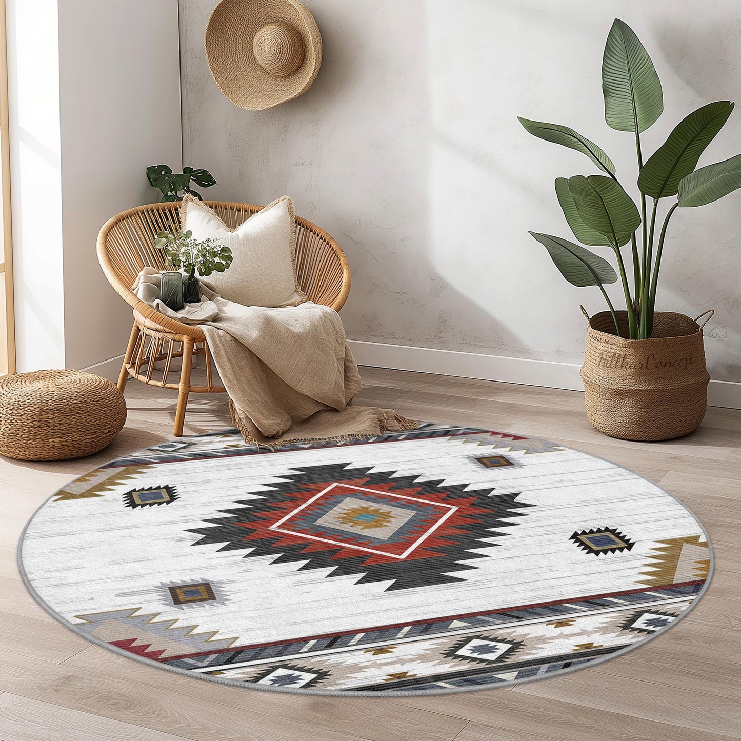 Geometric Boho Round Area Rug, Modern Circle Carpet, Stylish Living Room Rug, Bedroom Decor, Unique Round Rug for Home