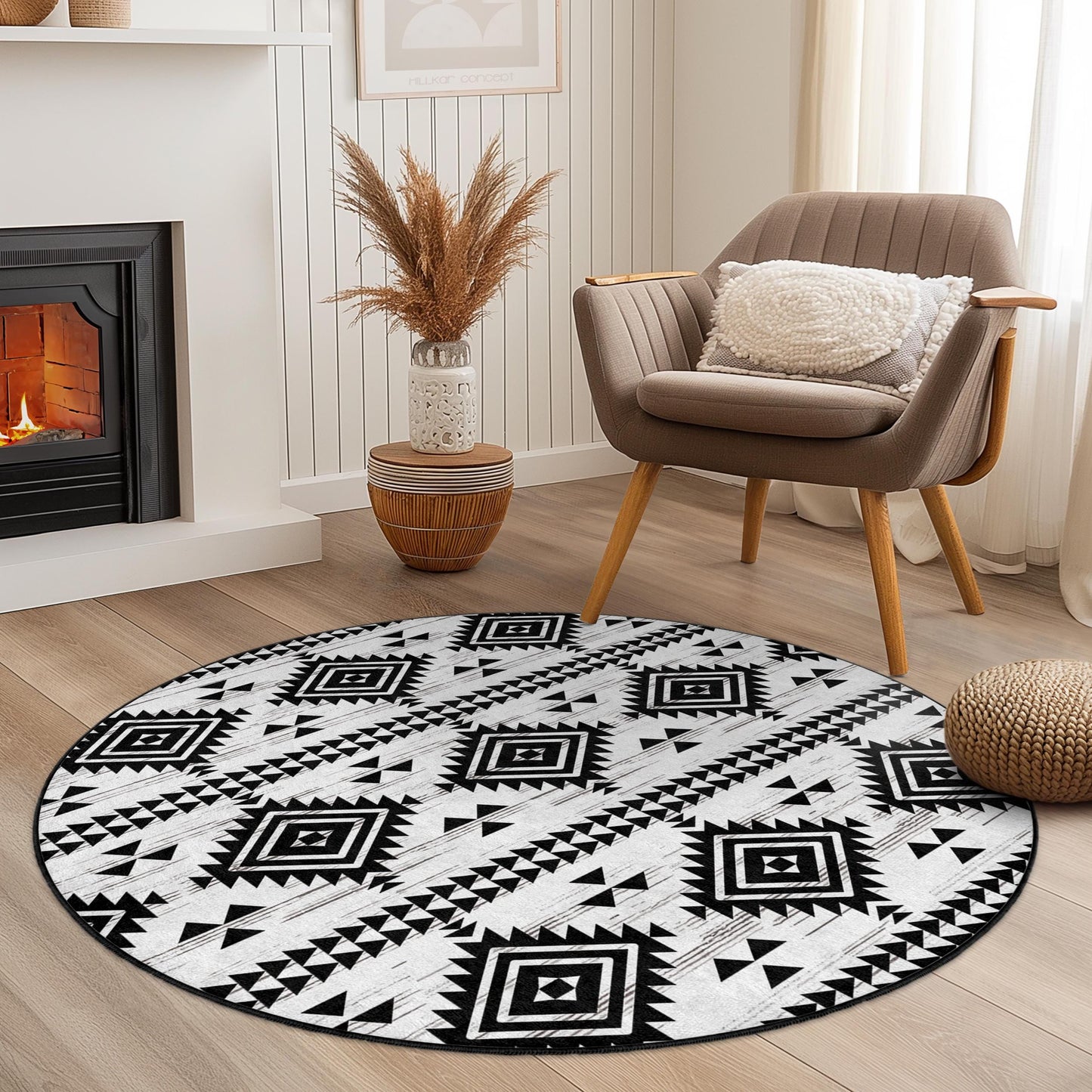 Geometric Tribal Pattern Round Area Rug, Black and White Round Carpet, Modern Bohemian Decor, Living Room or Bedroom Rug