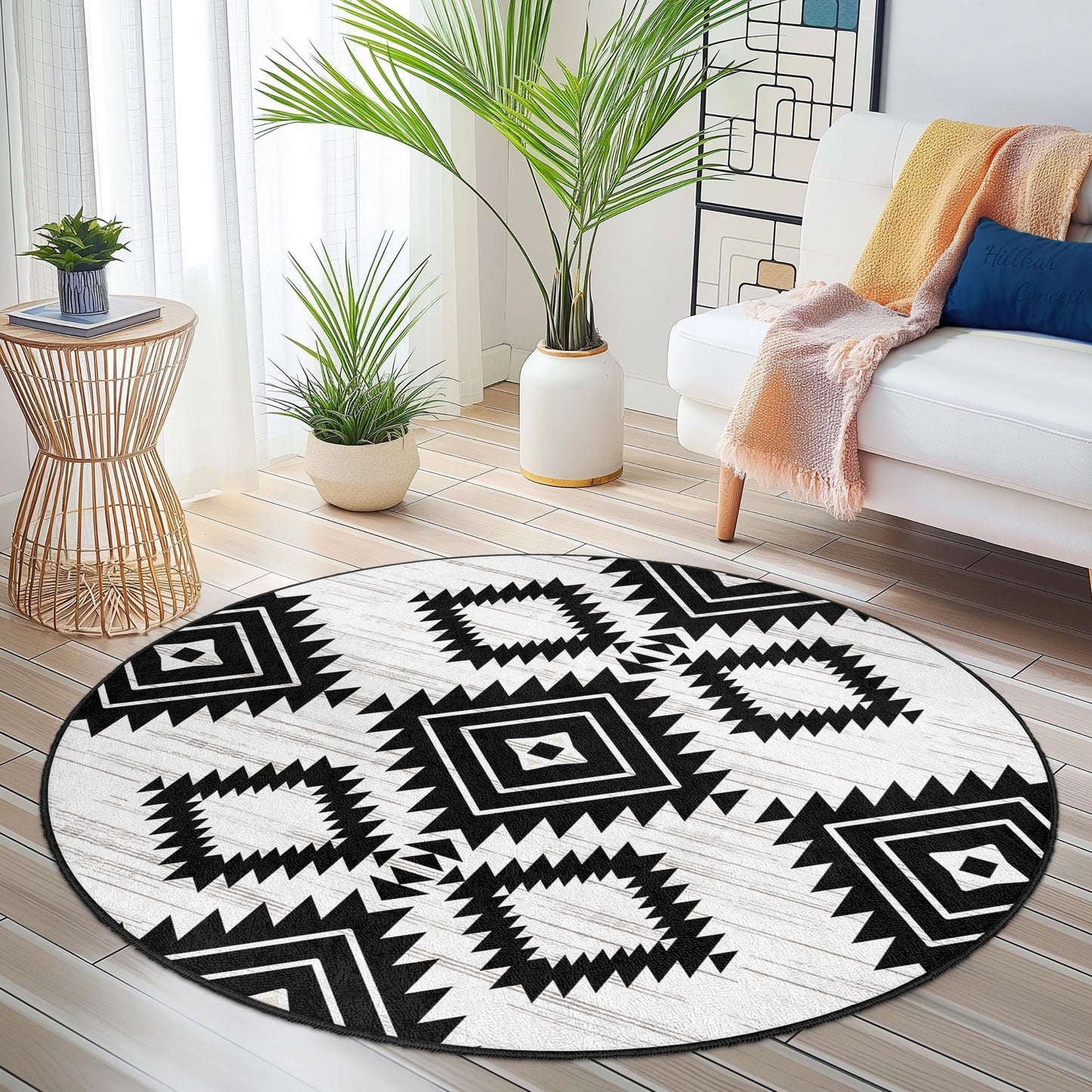 Geometric Black and White Round Area Rug, Modern Boho Circle Rug, Stylish Home Decor, Soft Living Room Carpet, Unique Bedroom Rug