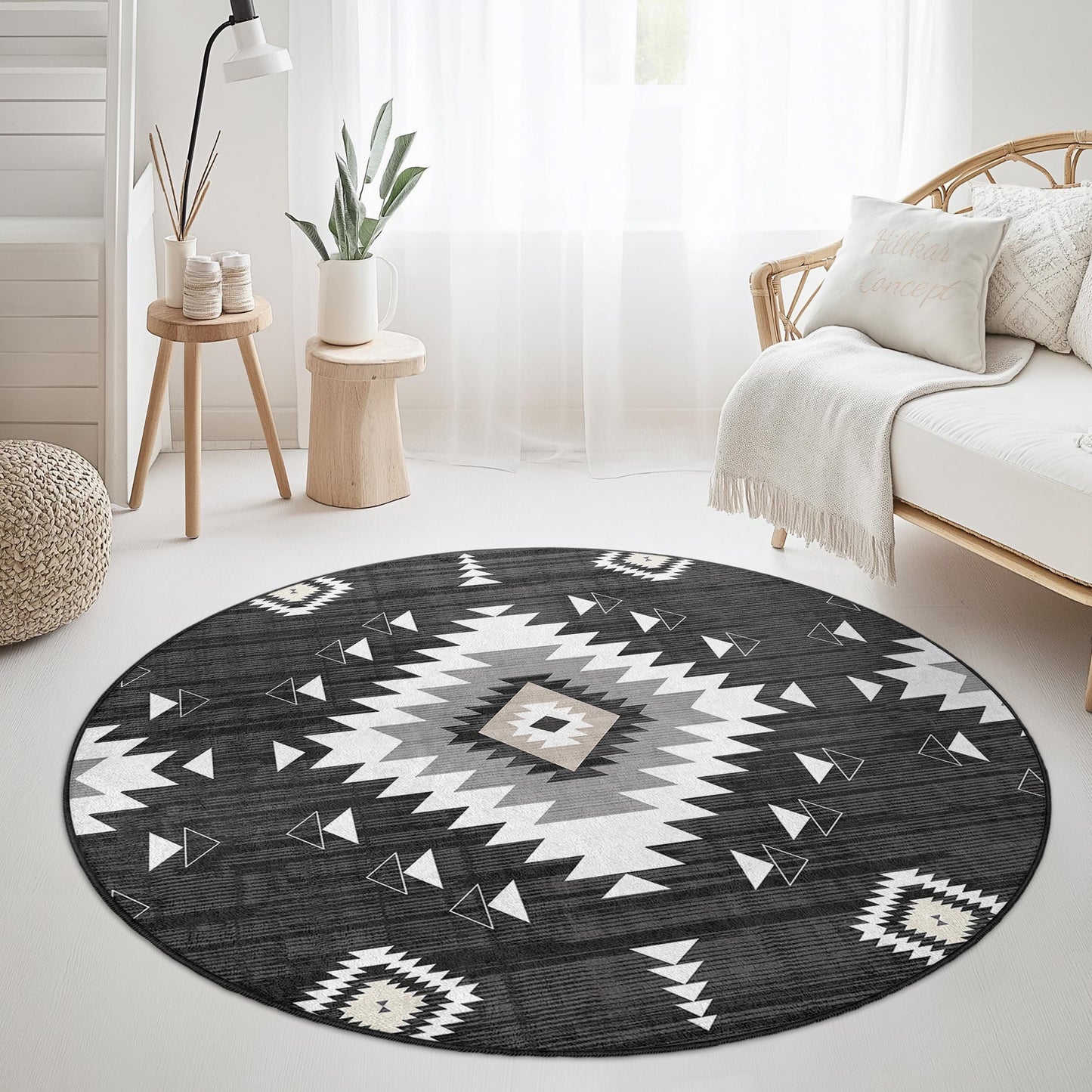 Geometric Black and White Round Area Rug, Modern Boho Circle Rug, Stylish Living Room Decor, Unique Round Carpet for Home