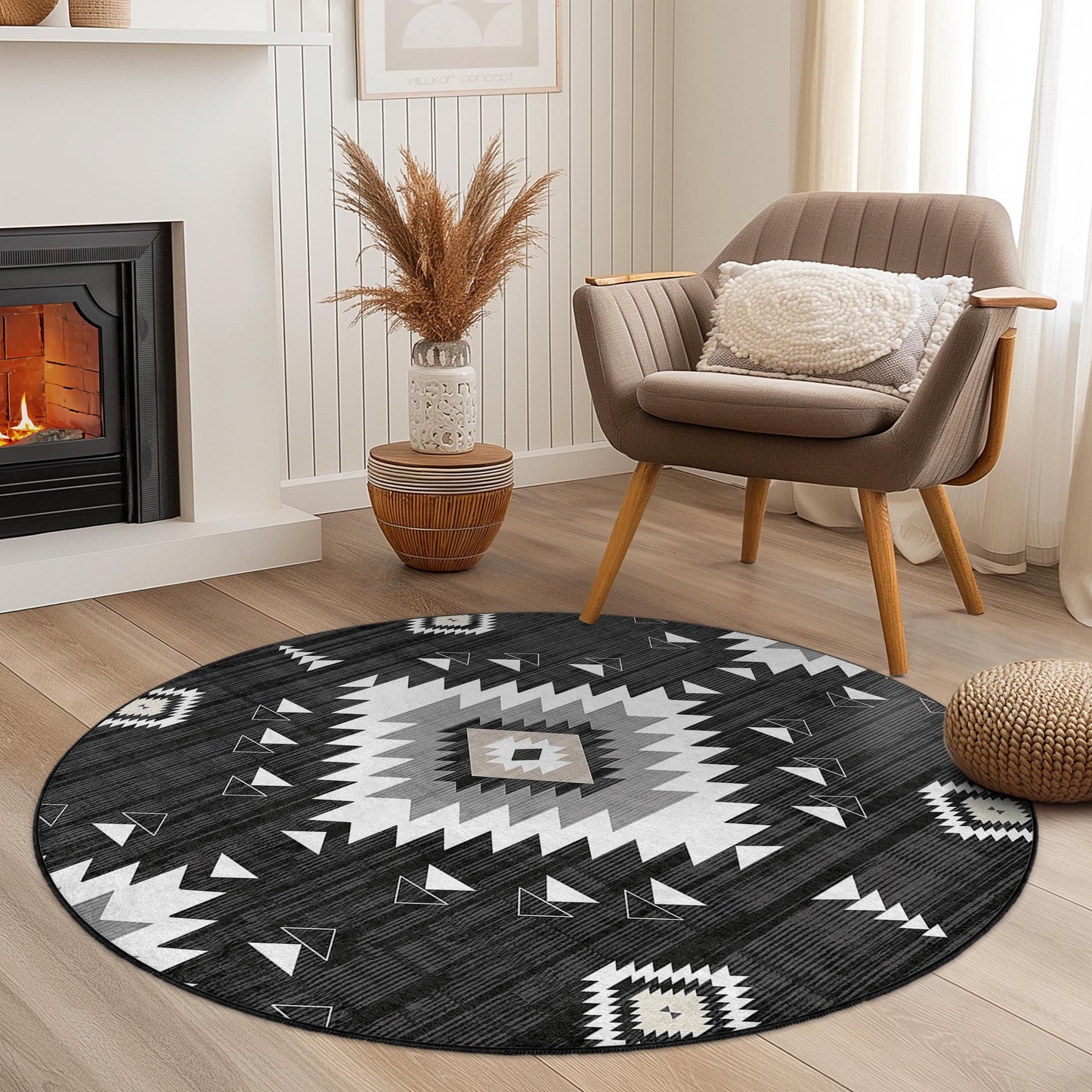 Geometric Black and White Round Area Rug, Modern Boho Circle Rug, Stylish Living Room Decor, Unique Round Carpet for Home