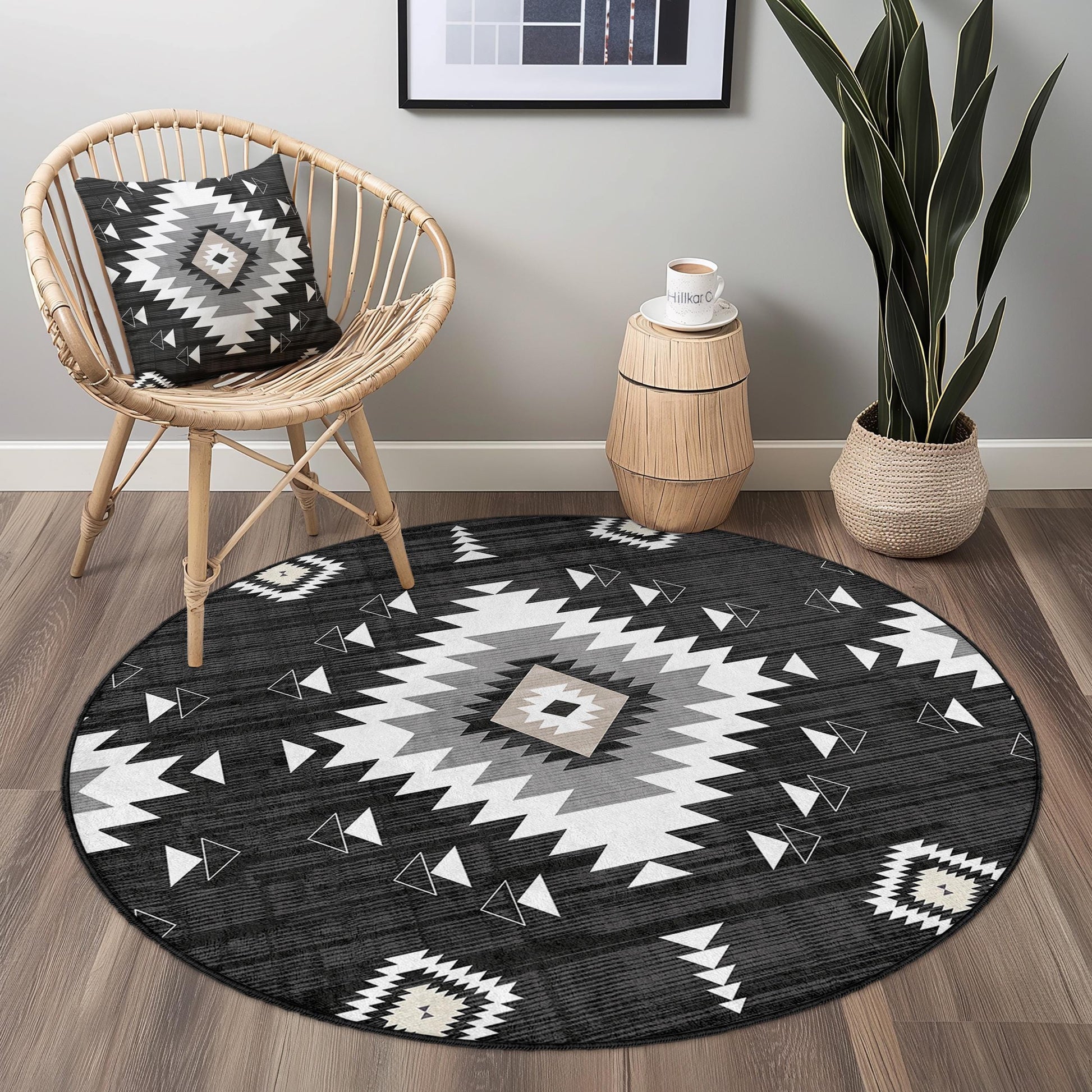 Geometric Black and White Round Area Rug, Modern Boho Circle Rug, Stylish Living Room Decor, Unique Round Carpet for Home
