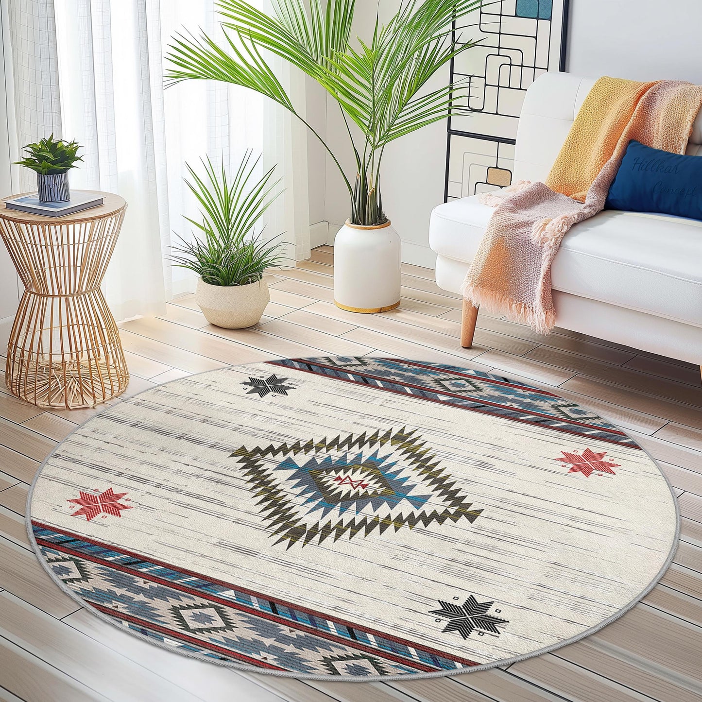 Bohemian Round Area Rug, Geometric Pattern Carpet, Soft Round Rug for Living Room, Bedroom or Kids Room Decor, Stylish Home Accent