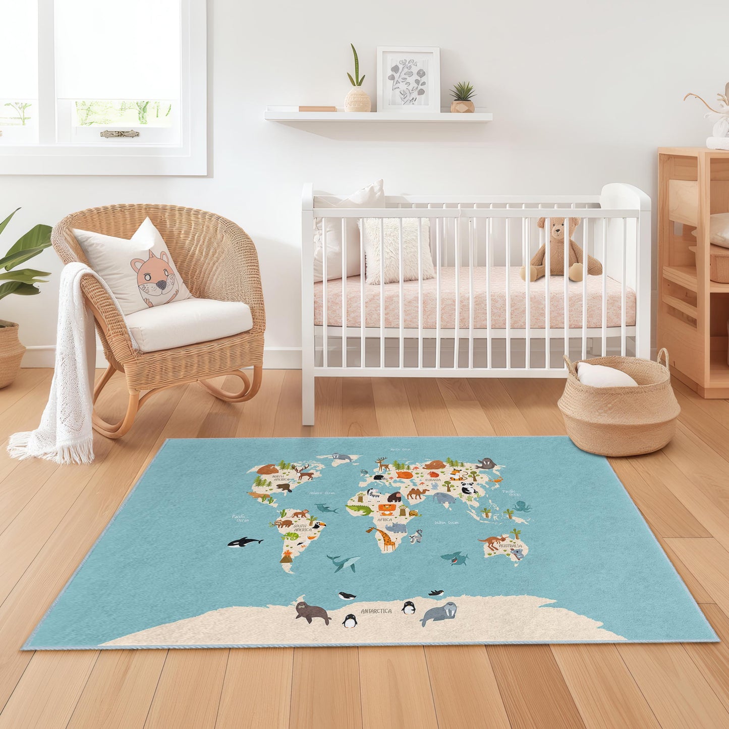 Animal World Map Educational Rug for Kids, Rectangular Kids Play Mat, Animal Themed Nursery Decor, Fun Learning Carpet