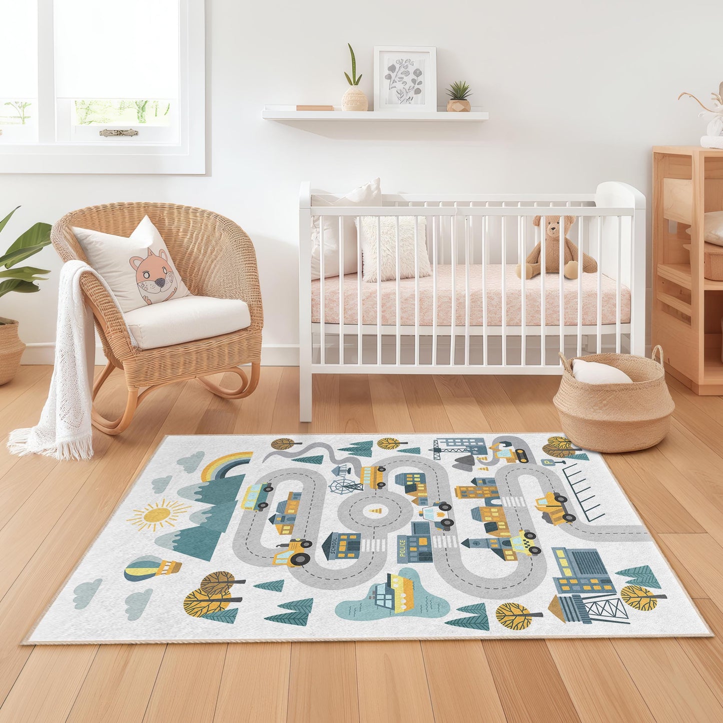 Colorful Road Map Kids Rug: Interactive Play Mat, Nursery Decor