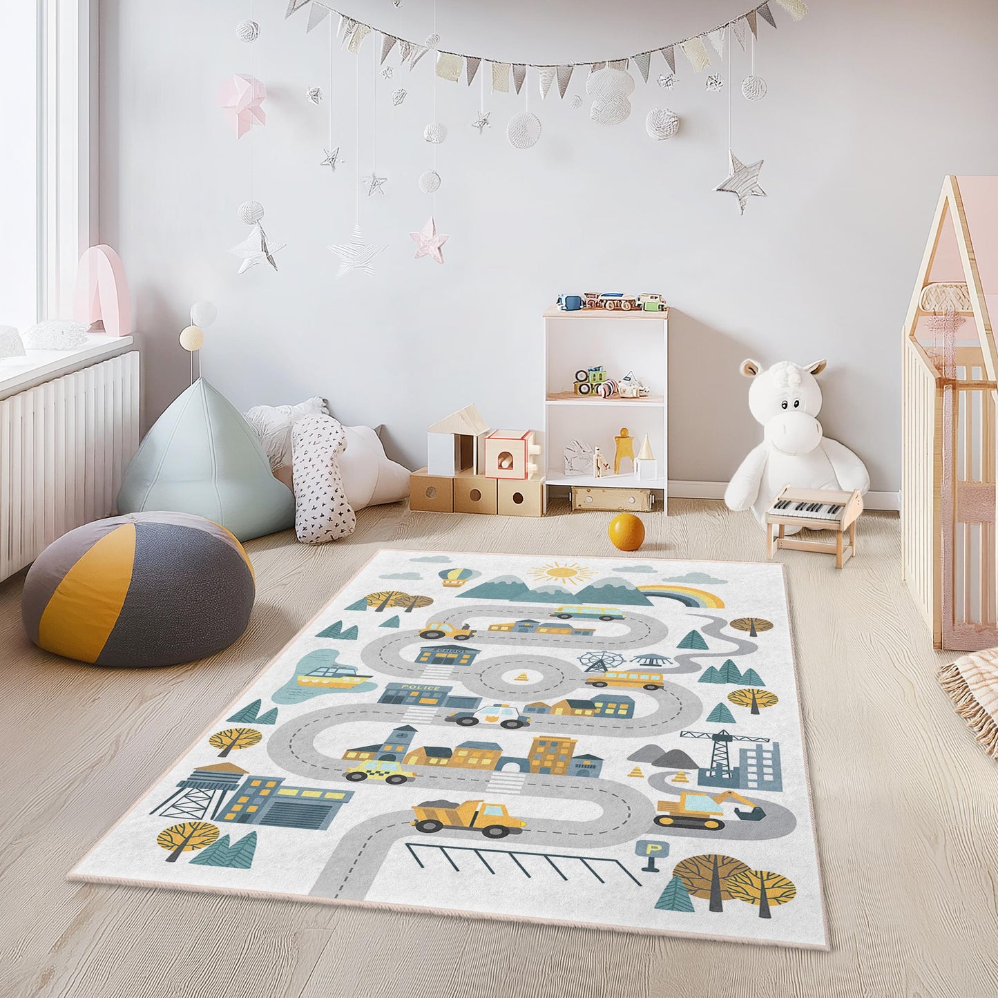Colorful Road Map Kids Rug: Interactive Play Mat, Nursery Decor