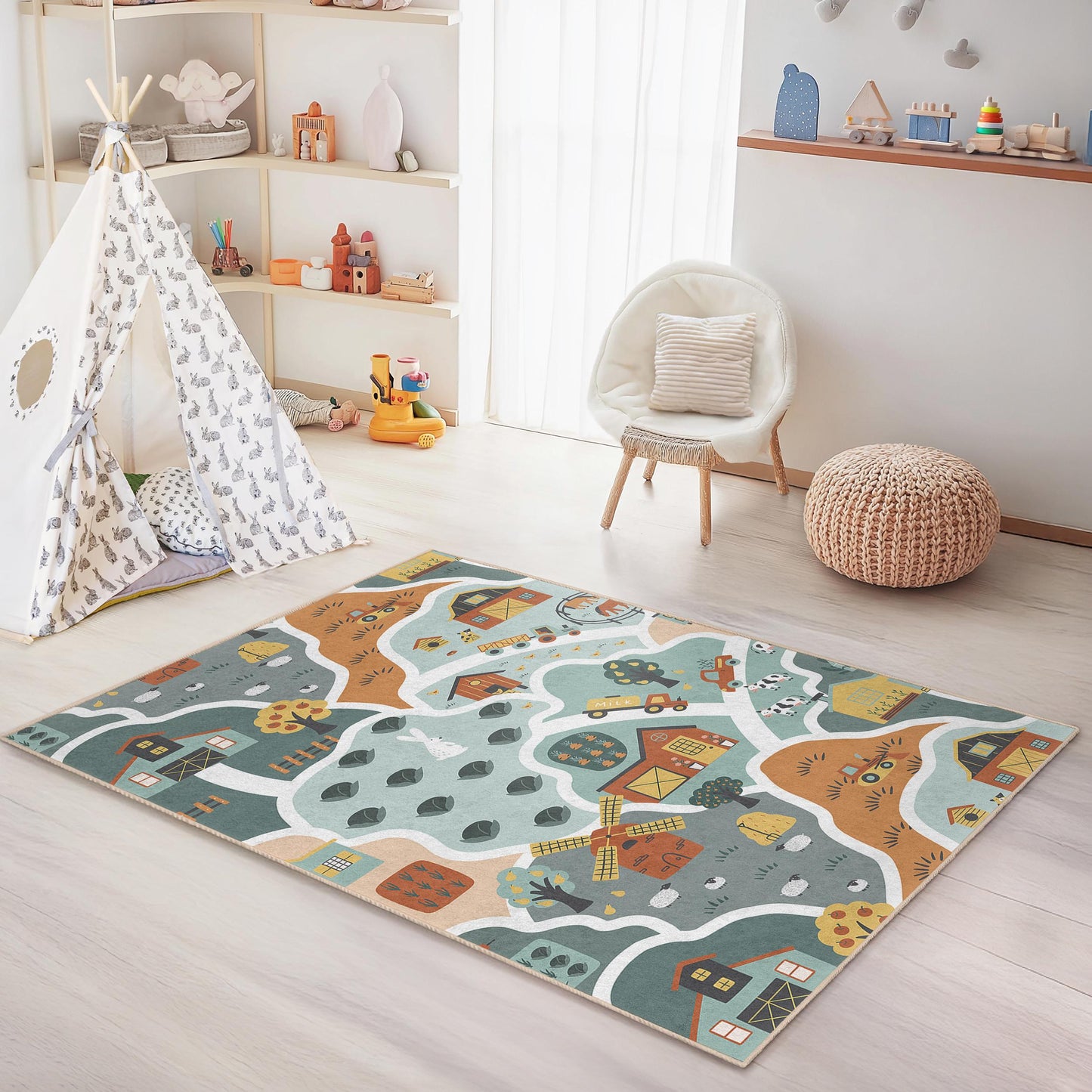 Farm Adventure Kids Play Rug, Rectangular Animal Farm Rug, Kids Room Carpet, Playroom Decor, Nursery Floor Mat