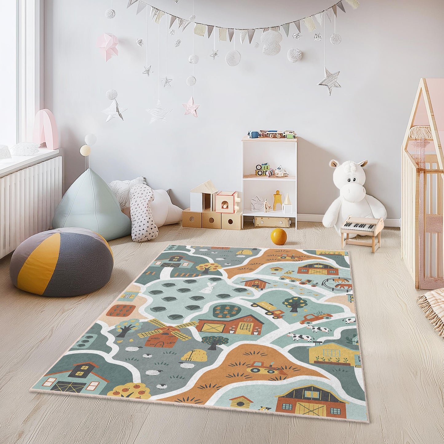 Farm Adventure Kids Play Rug, Rectangular Animal Farm Rug, Kids Room Carpet, Playroom Decor, Nursery Floor Mat