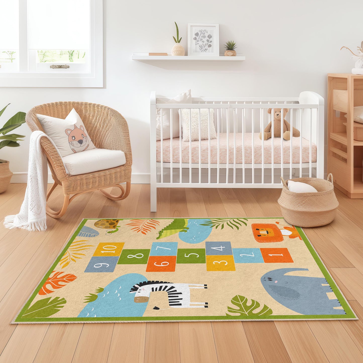 Jungle Adventure Kids Play Rug, Hopscotch Animal Rug, Rectangle Rug for Kids Room, Jungle Decor, Soft Play Mat