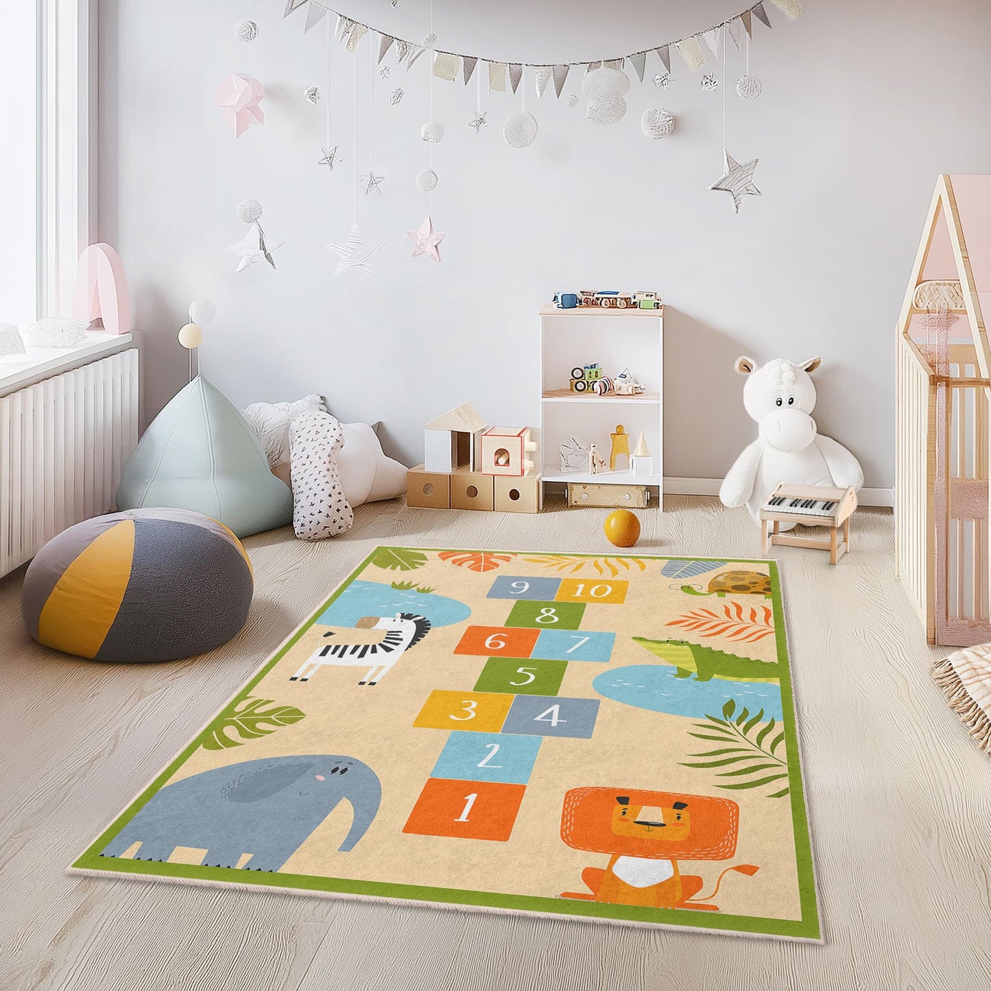 Jungle Adventure Kids Play Rug, Hopscotch Animal Rug, Rectangle Rug for Kids Room, Jungle Decor, Soft Play Mat