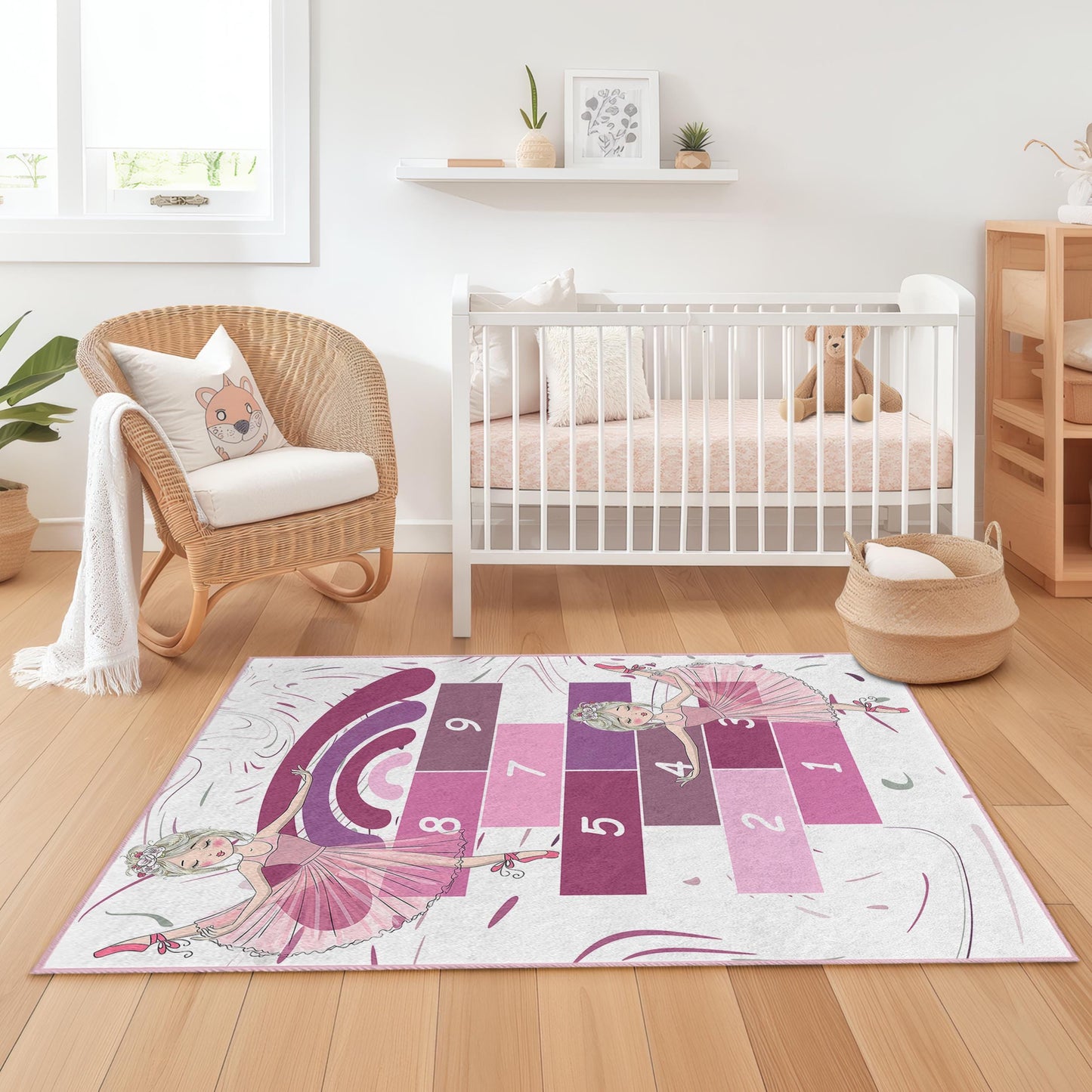 Ballet Dance Hopscotch Rug, Pink Kids Play Rug, Rectangle Childrens Rug, Nursery Decor, Soft Play Mat for Girls