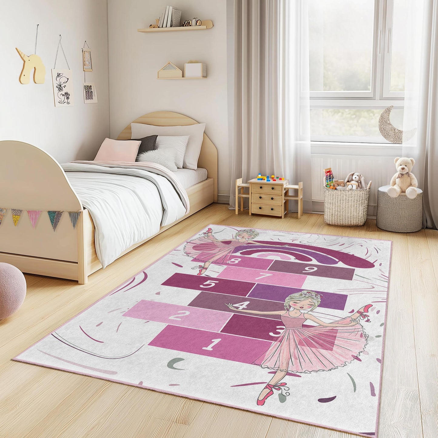 Ballet Dance Hopscotch Rug, Pink Kids Play Rug, Rectangle Childrens Rug, Nursery Decor, Soft Play Mat for Girls