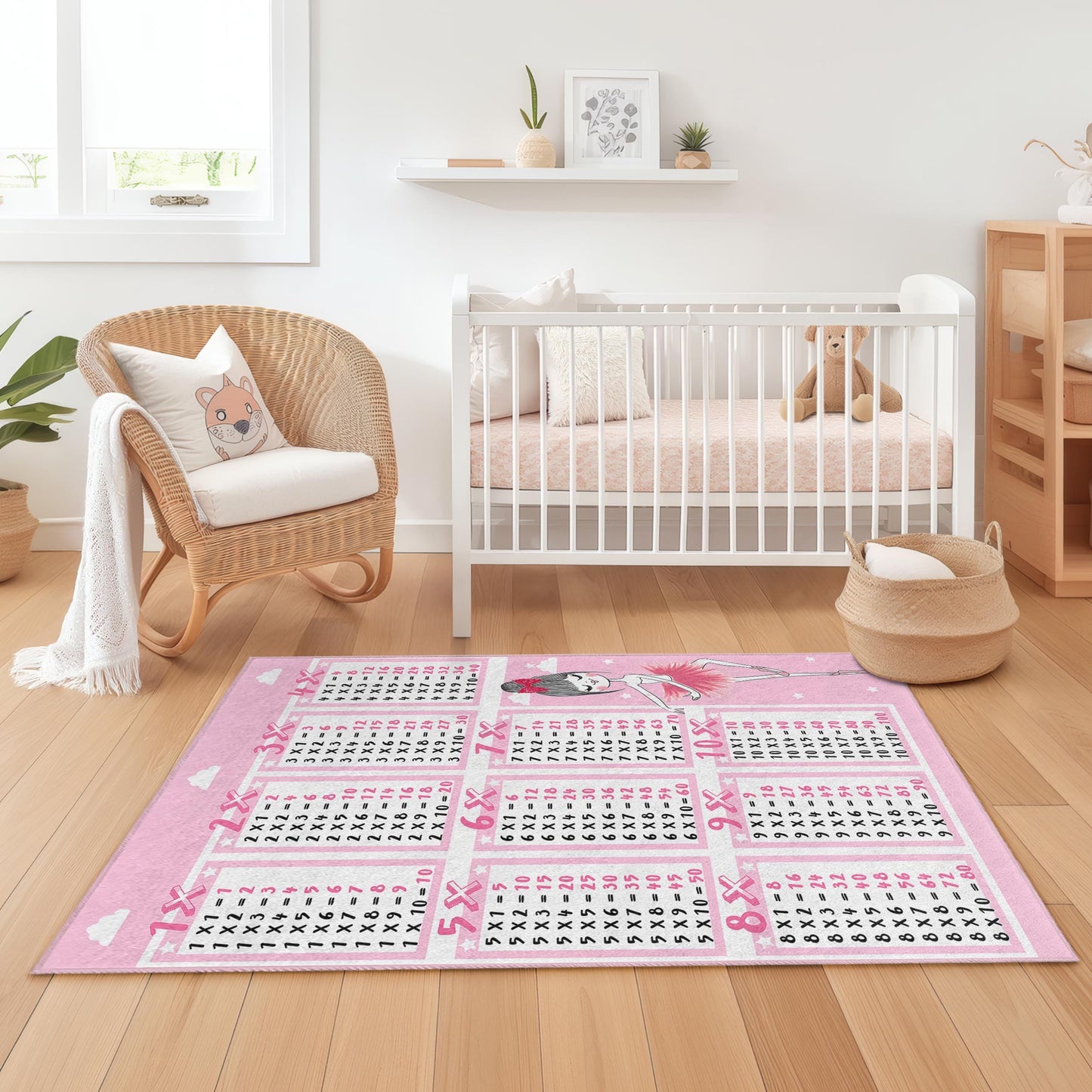 Pink Ballerina Multiplication Table Rug, Kids Room Decor, Rectangle Area Rug for Nursery, Playroom, Educational Carpet