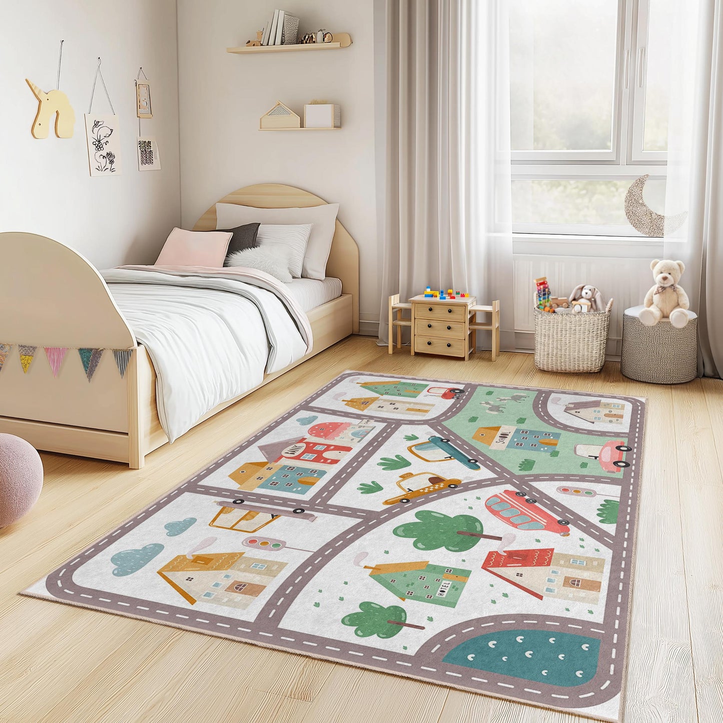 Colorful City Map Kids Rug, Playroom Rectangle Carpet, Soft Nursery Rug, Interactive Play Mat, Toddler Room Decor, Children's Play Rug