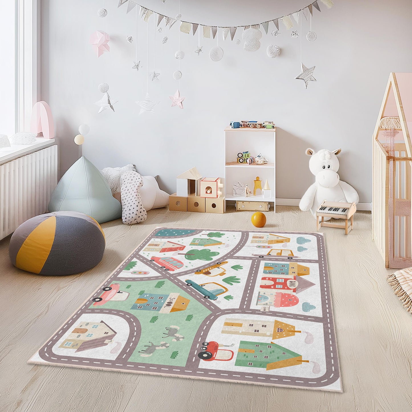 Colorful City Map Kids Rug, Playroom Rectangle Carpet, Soft Nursery Rug, Interactive Play Mat, Toddler Room Decor, Children's Play Rug