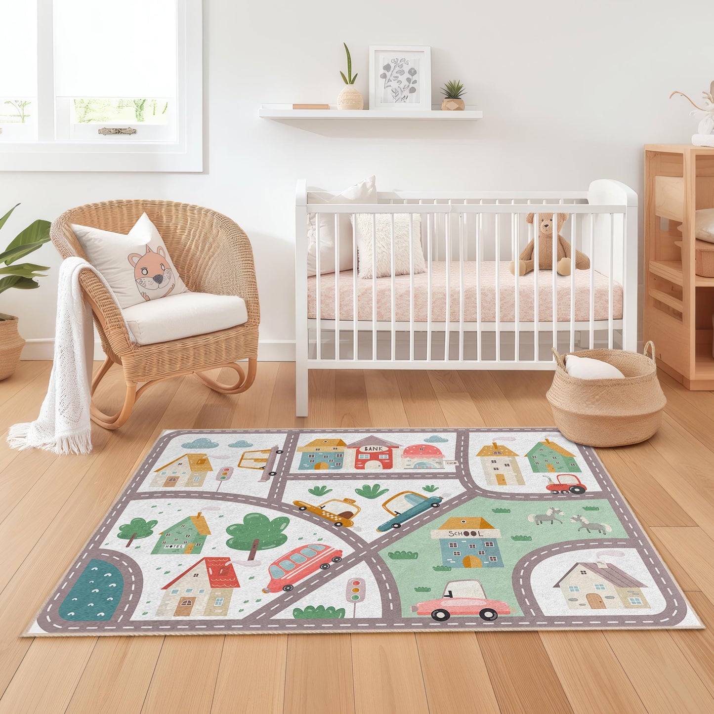 Colorful City Map Kids Rug, Playroom Rectangle Carpet, Soft Nursery Rug, Interactive Play Mat, Toddler Room Decor, Children's Play Rug