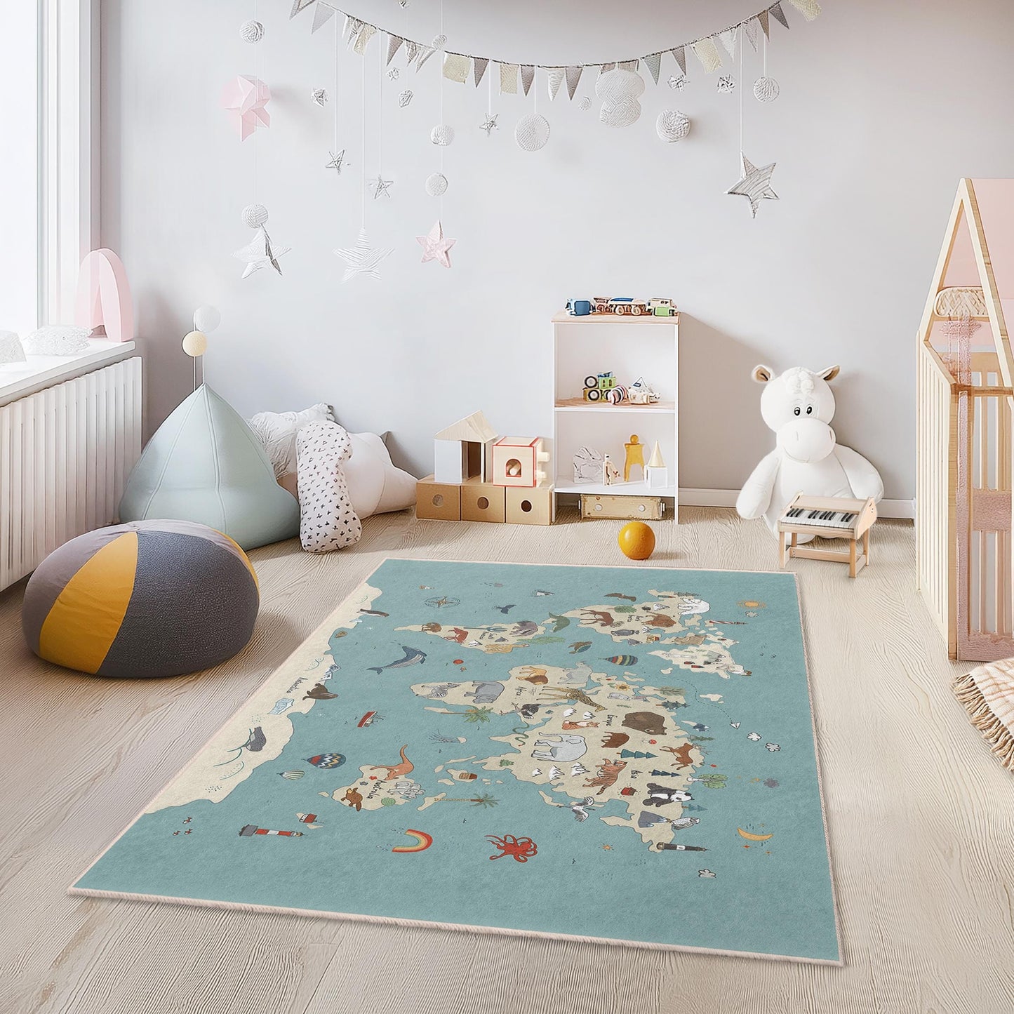 Whimsical Animal Map Kids Rug, Rectangle Playroom Carpet, Educational World Map Rug, Soft Area Rug for Children's Room